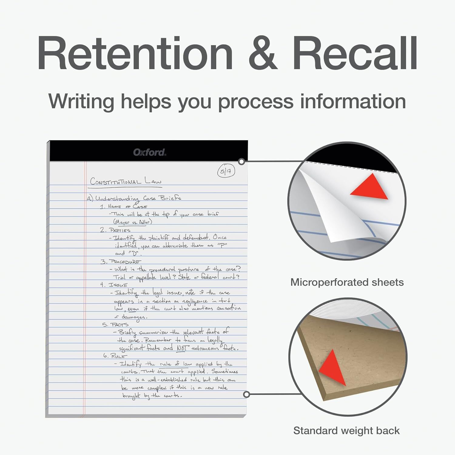 Highlights the physical construction features of the notebook, specifically the microperforated sheets for easy tearing and the standard weight backing for…