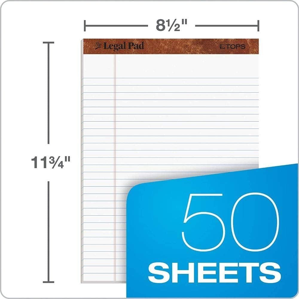 Communicates the exact physical dimensions of the legal pad (8½ inches by 11¾ inches) and the quantity included (50 sheets) to help shoppers understand the…