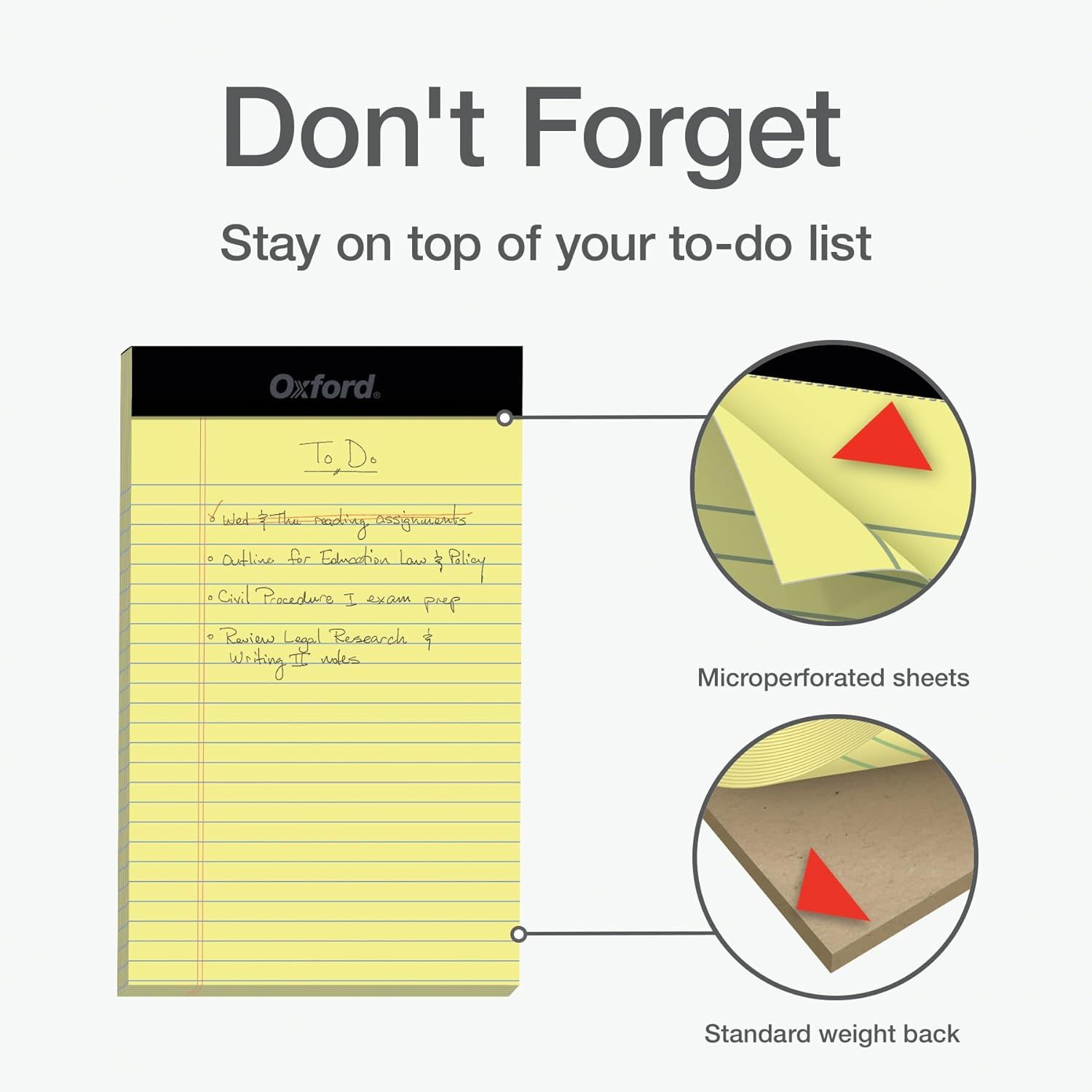 Highlights the physical construction features of the notepad, showing the microperforated sheets for easy tearing and the standard weight backing for…