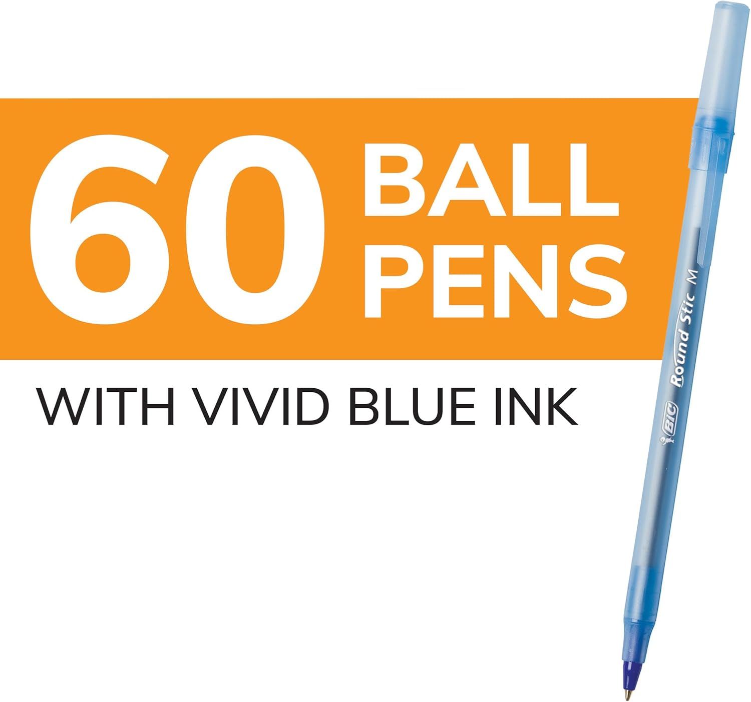 Communicates the pack size (60 pens) and ink color (vivid blue) to help shoppers understand what they receive in the purchase.