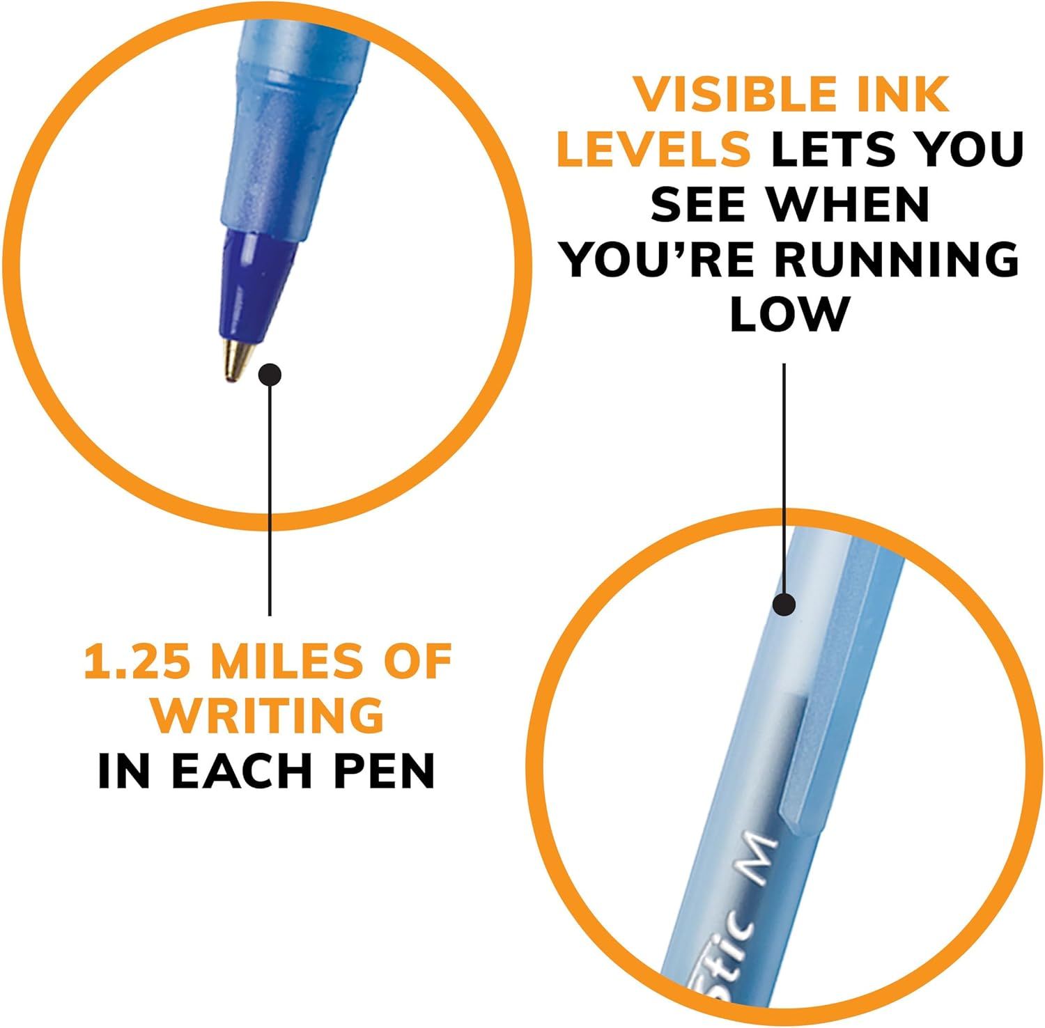 Communicates the pen's impressive writing capacity to reassure shoppers of its long-lasting value and durability. Highlights the visible ink level feature…