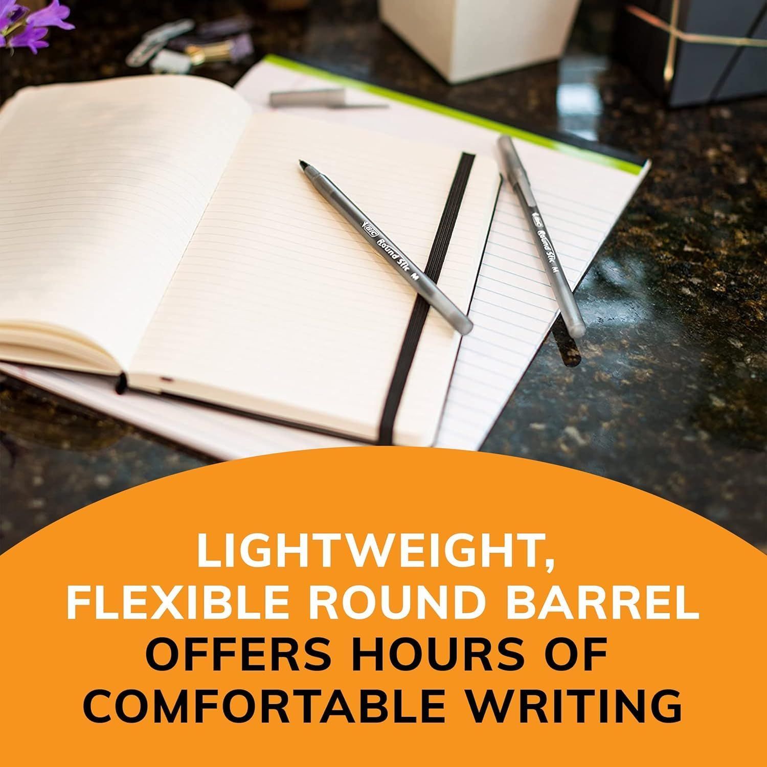 Communicates the pen's ergonomic design features that enable extended comfortable writing sessions, reassuring shoppers that the product reduces hand fatigue.