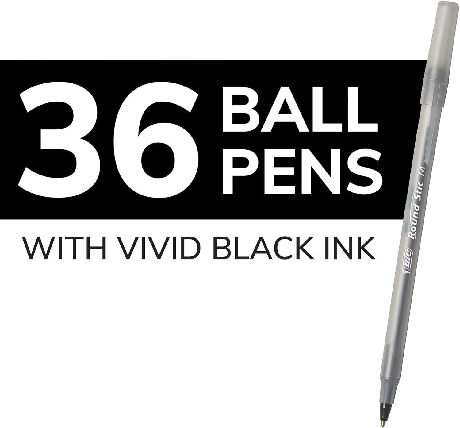 Communicates the quantity included in the purchase (36 pens) and highlights the vivid black ink quality to reassure shoppers of the value and performance they will receive.