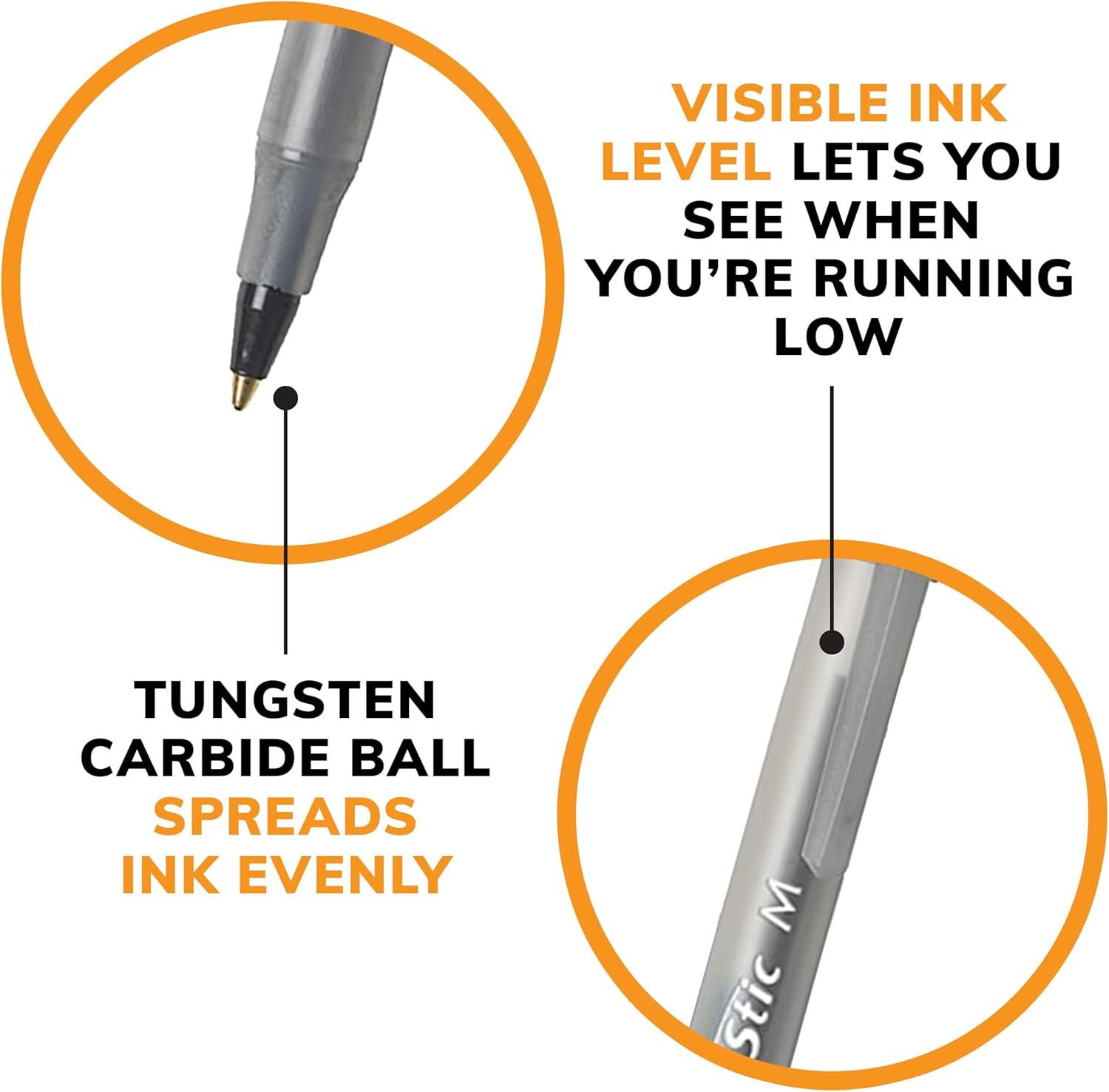 Highlights two key physical features of the pen: the tungsten carbide ball that ensures even ink distribution and the visible ink level window that lets users…