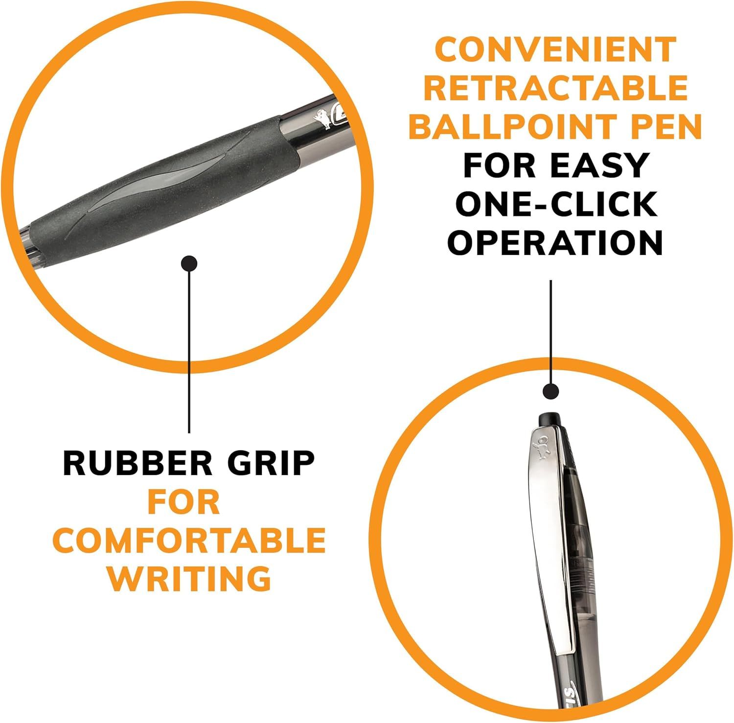 Highlights two distinct product benefits in a segmented layout: the convenient one-click retractable mechanism and the comfortable rubber grip for extended…