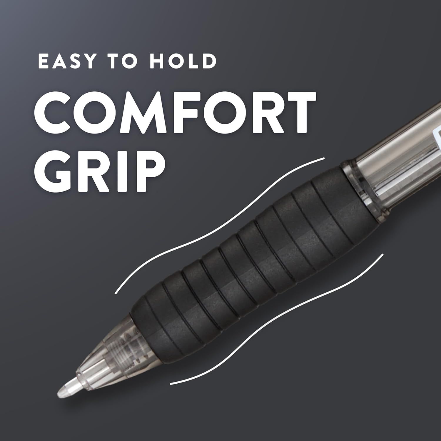Highlights the ergonomic grip design of the pen to communicate ease of use and comfort during writing. Communicates the primary benefit of comfortable…