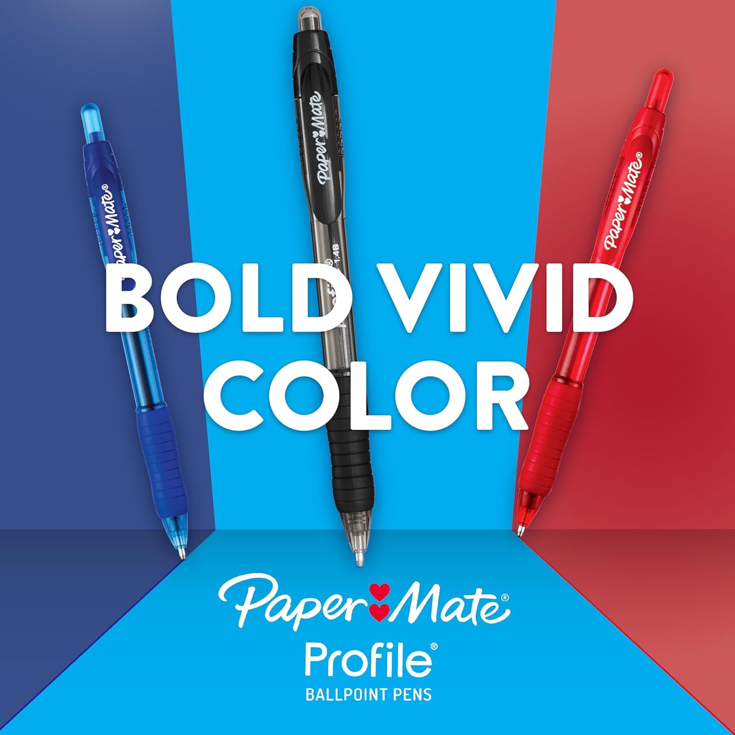 Showcases the Paper Mate Profile ballpoint pen product line in multiple bold, vivid colors to communicate brand identity and available color options to…