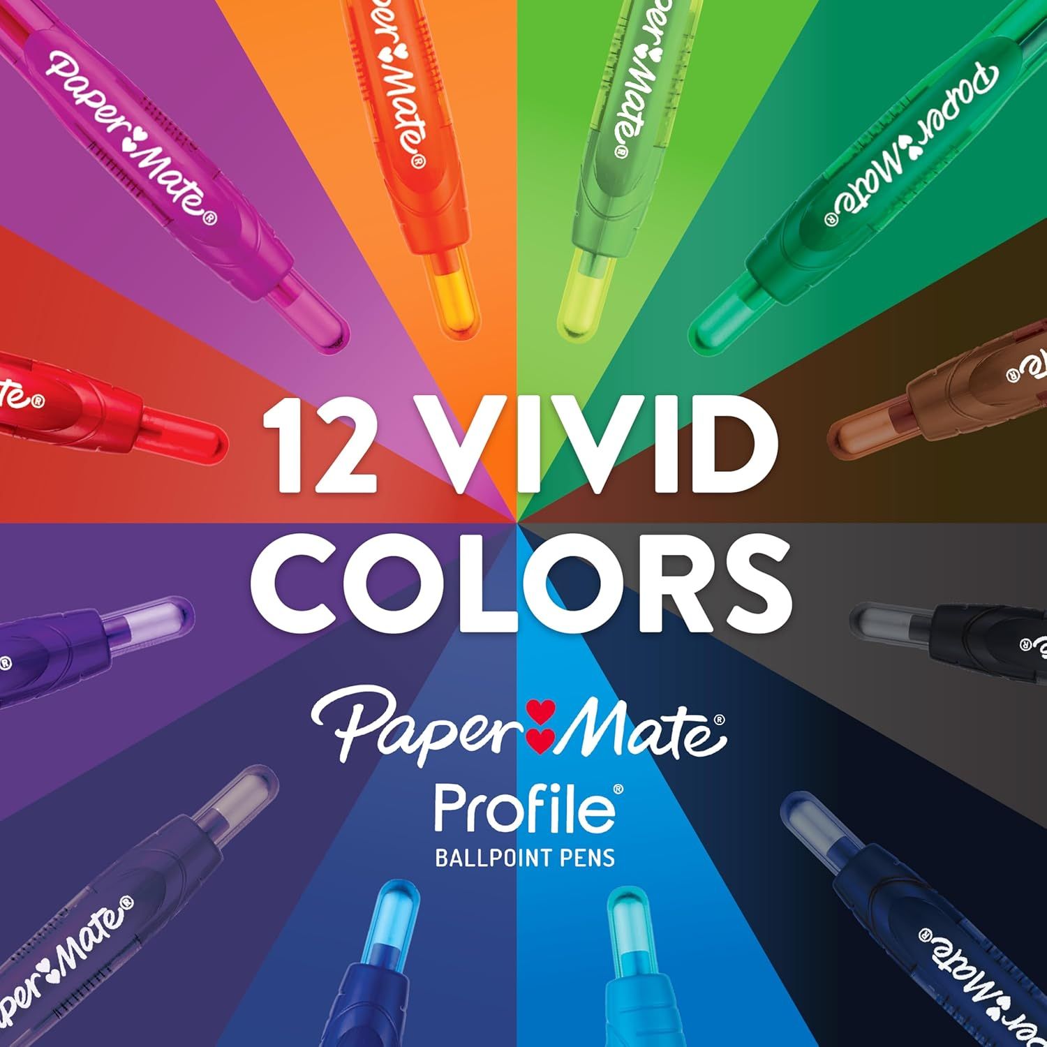 Showcases the Paper Mate Profile ballpoint pen product line with emphasis on the 12 vivid color options available, helping shoppers understand the variety and…