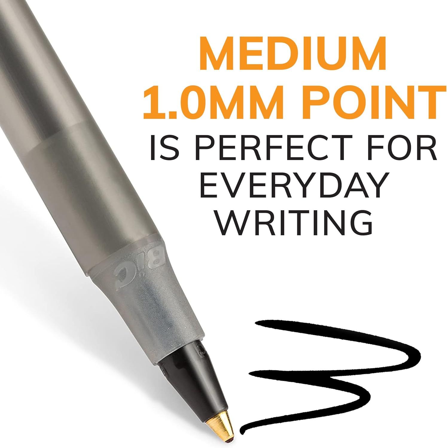 Highlights the pen's medium 1.0mm point size as ideal for everyday writing, reassuring shoppers that this pen offers the right balance for general use.