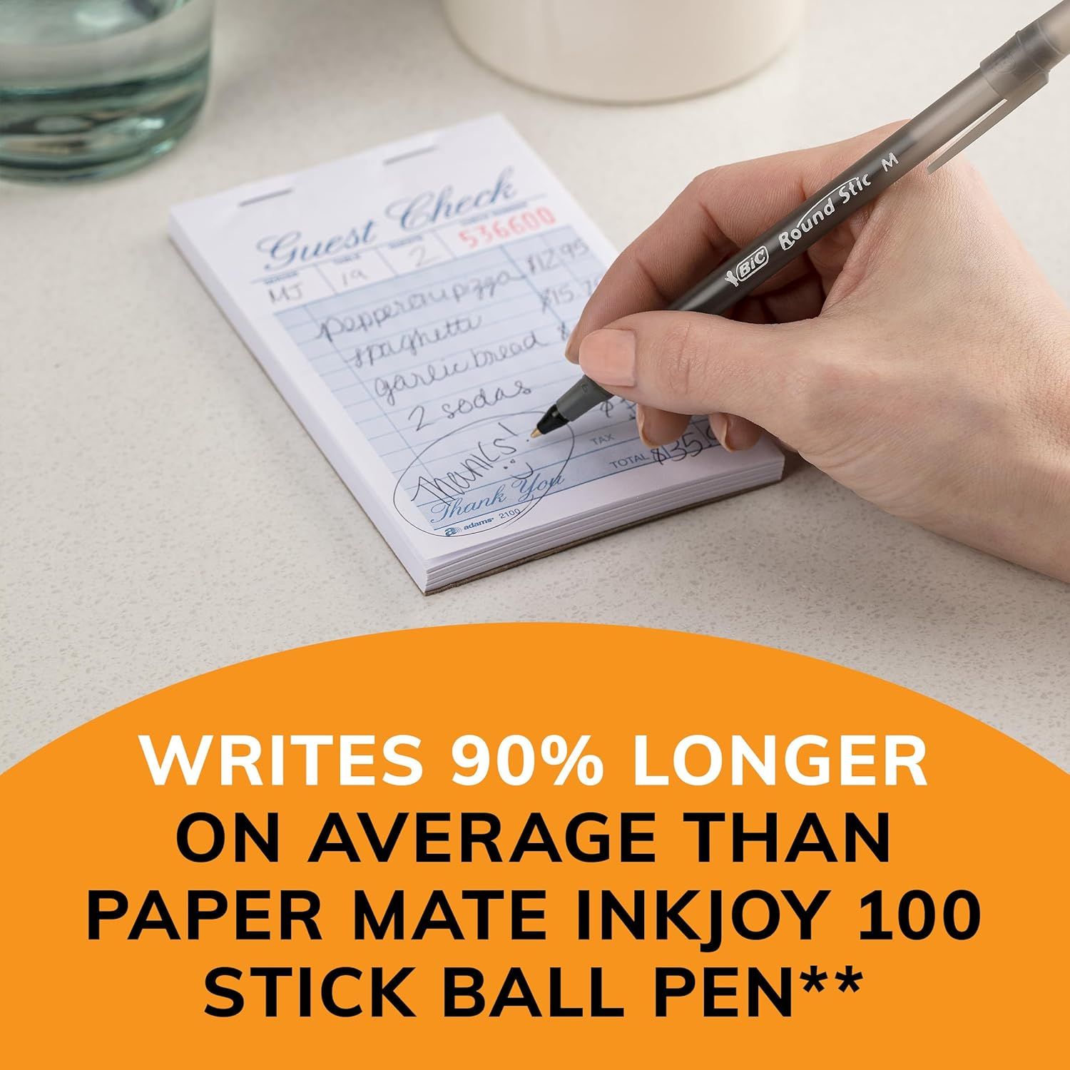 Demonstrates the product's superior performance by showing it writes 90% longer than a competing pen brand, reassuring shoppers of better value and longevity. Highlights the quantifiable performance…