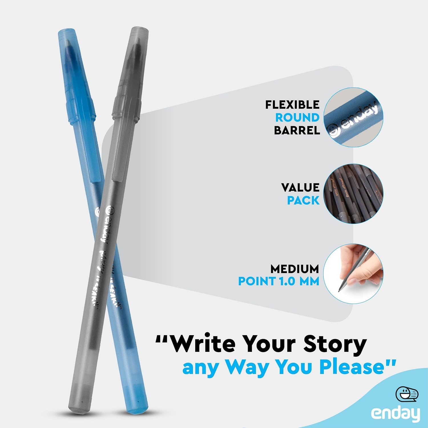 Communicates multiple distinct product features in a segmented layout with circular callouts, highlighting the pen's flexible barrel design, value pack…