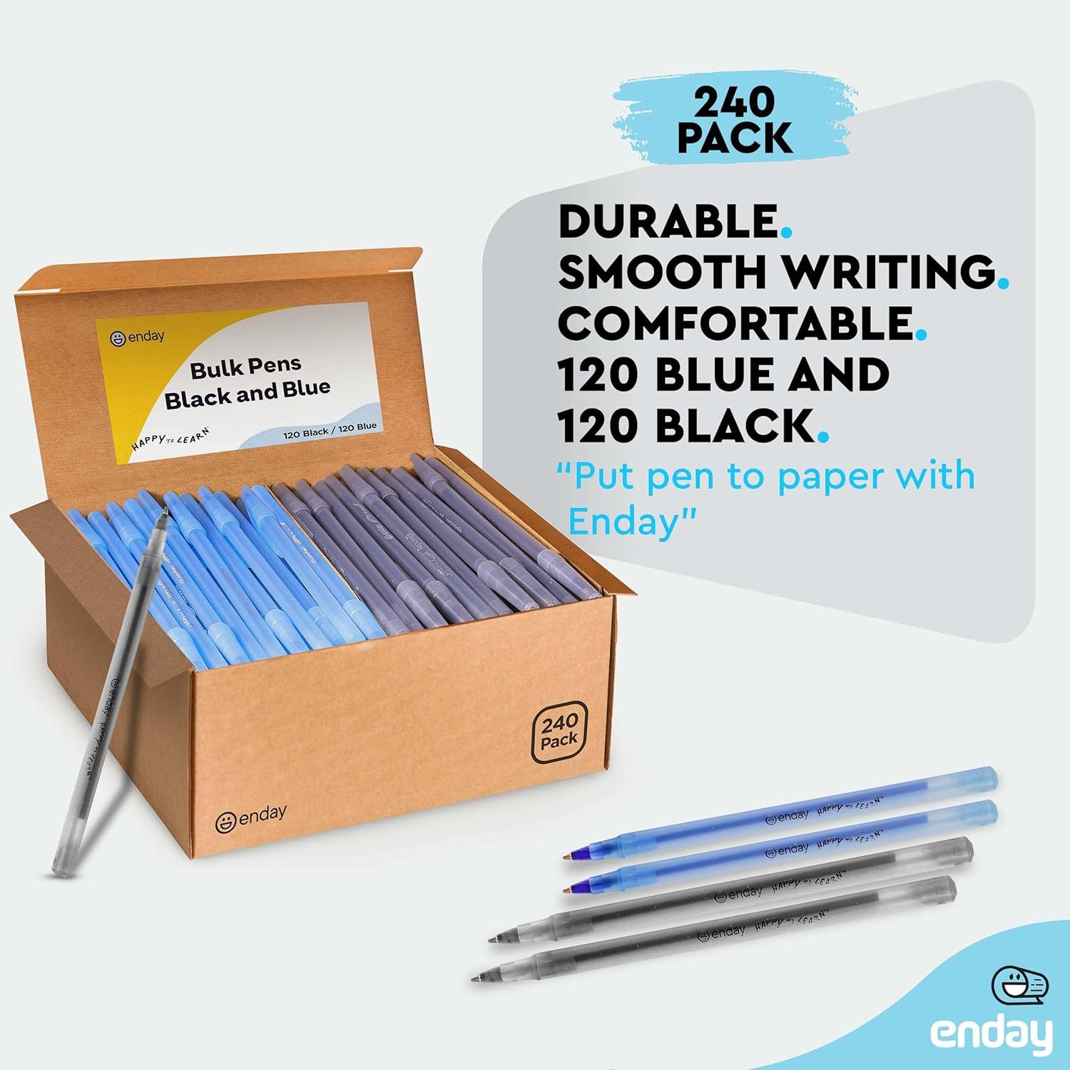 Communicates multiple selling benefits of the bulk pen pack including durability, smooth writing experience, comfort, and the value of a large 240-piece…