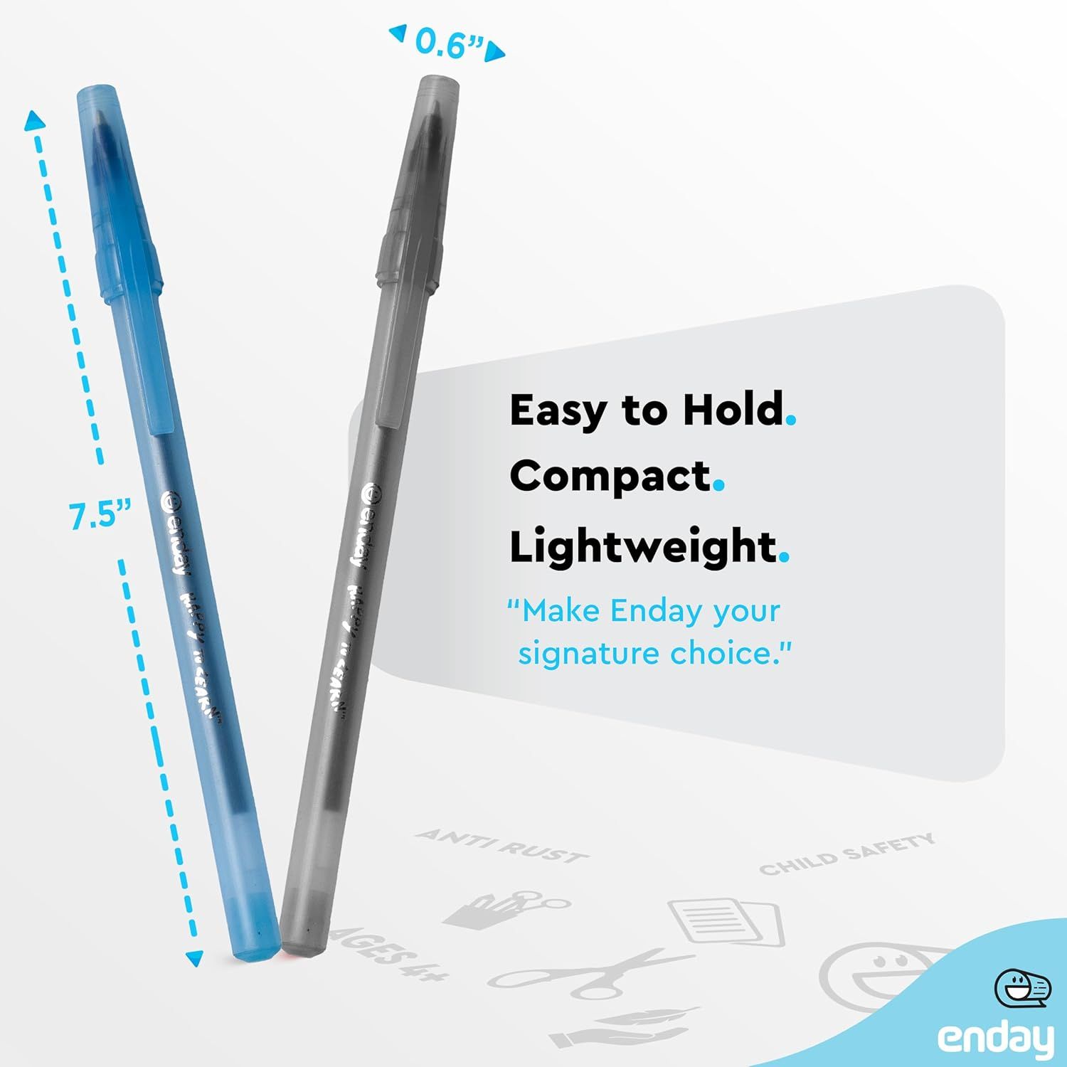Communicates the physical dimensions of the pen (7.5 inches length, 0.6 inches width) to show shoppers it is compact and easy to hold, reinforcing portability…