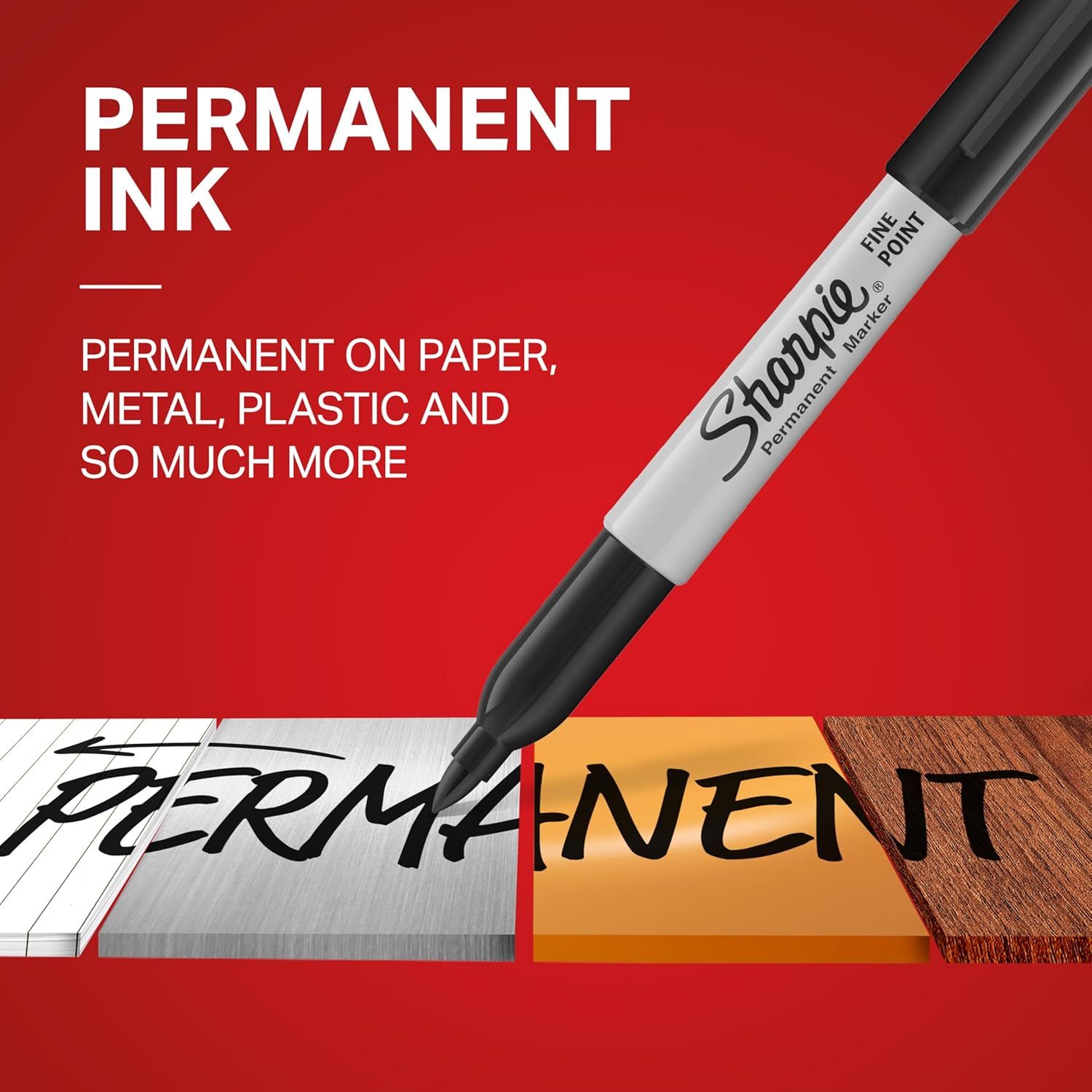 Demonstrates the marker's versatility by showing it works on multiple surfaces including paper, metal, plastic, and wood, reassuring shoppers of its wide…