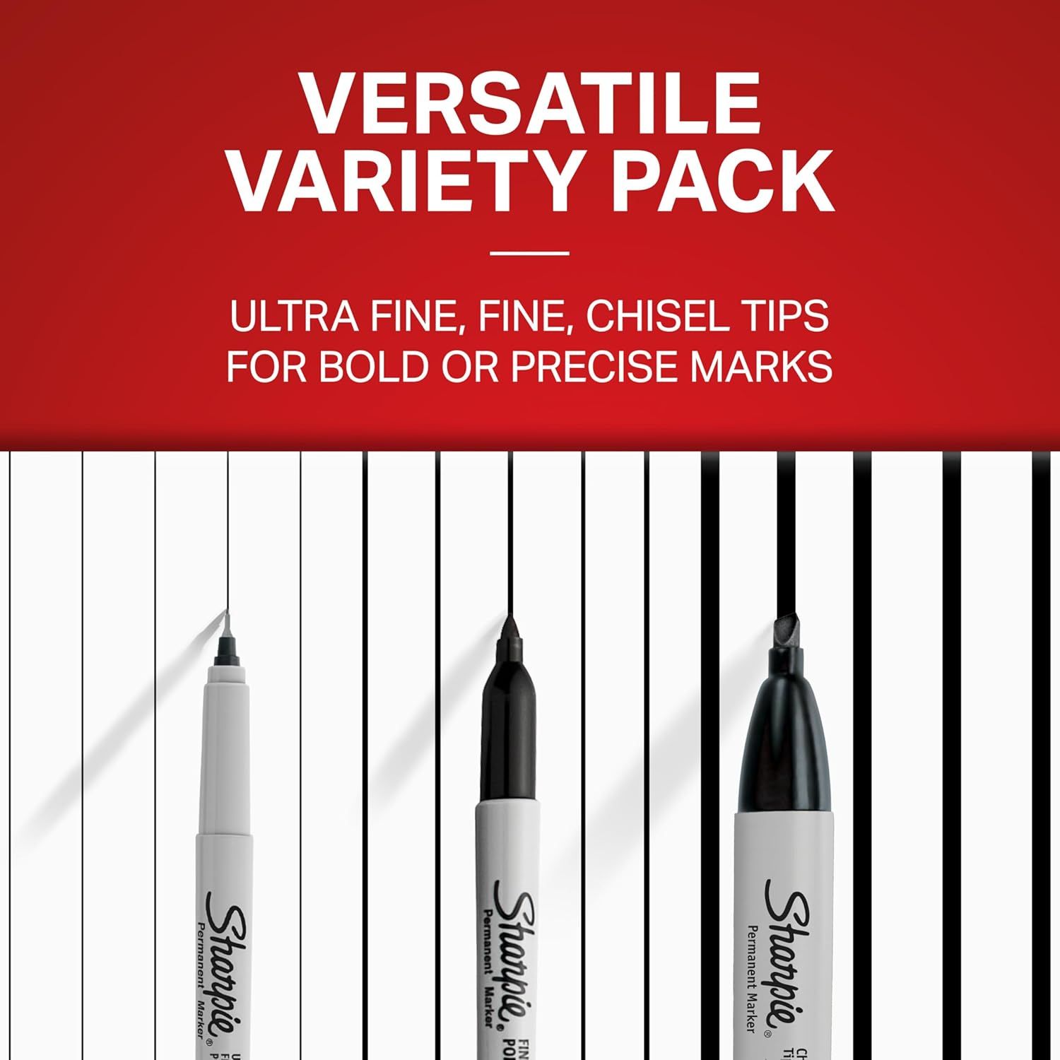 Communicates that the product includes multiple marker tip options (ultra fine, fine, chisel) in one variety pack, helping shoppers understand the versatility…