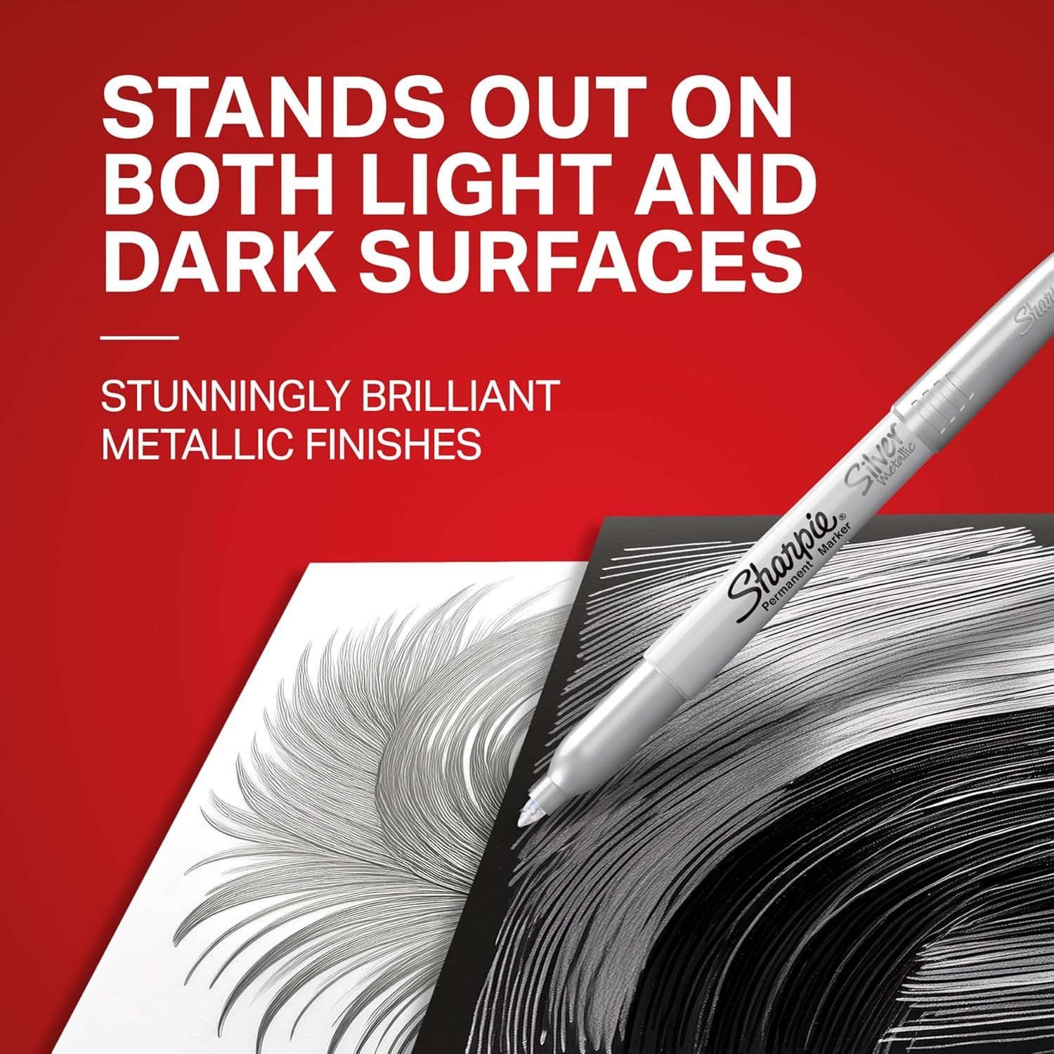 Communicates that the Sharpie marker produces brilliant metallic finishes that stand out on both light and dark surfaces, reassuring shoppers of its…