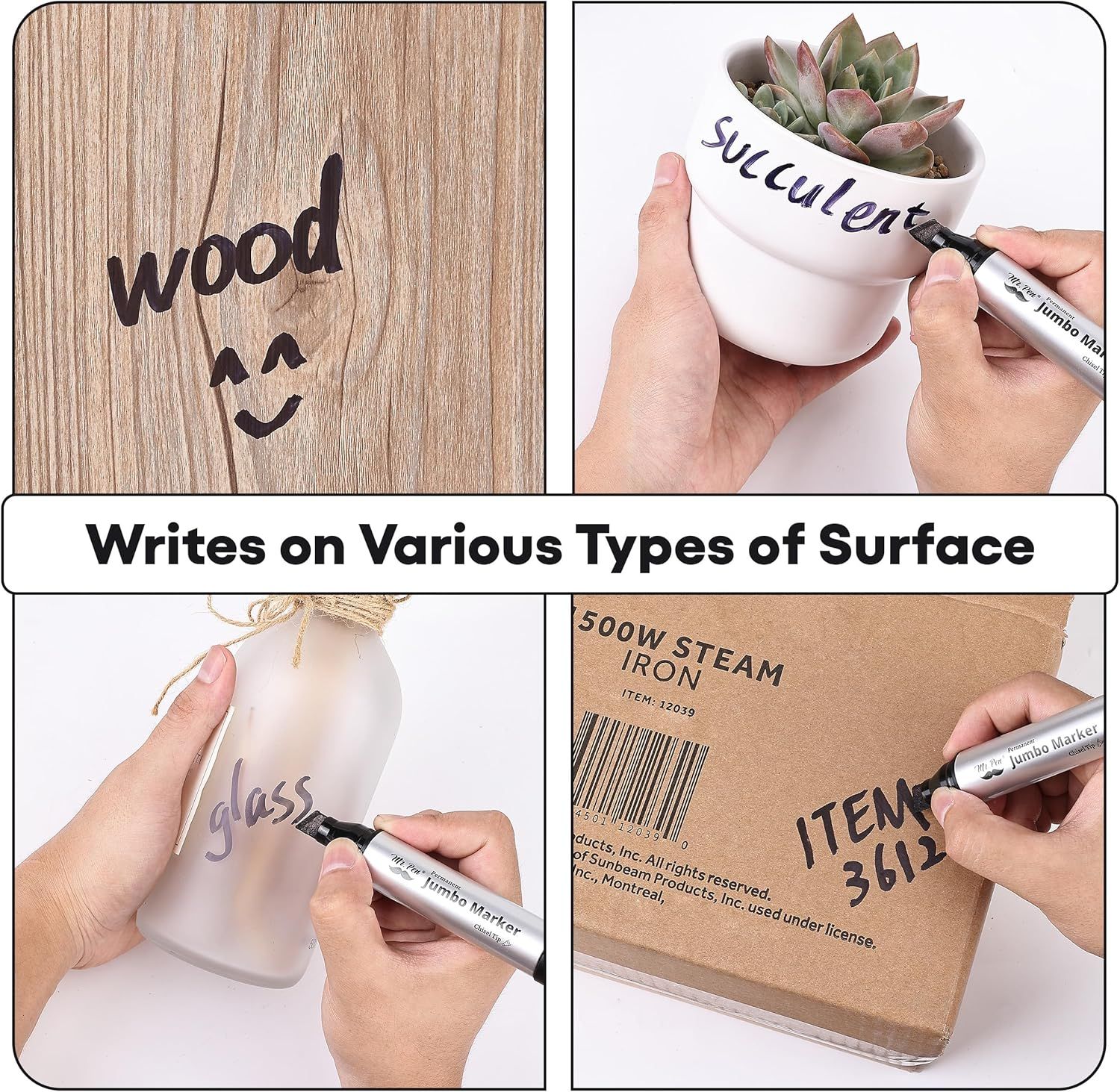 Demonstrates that the marker can write on multiple different surfaces including wood, ceramic, glass, and cardboard, reassuring shoppers of its versatility and wide range of uses.