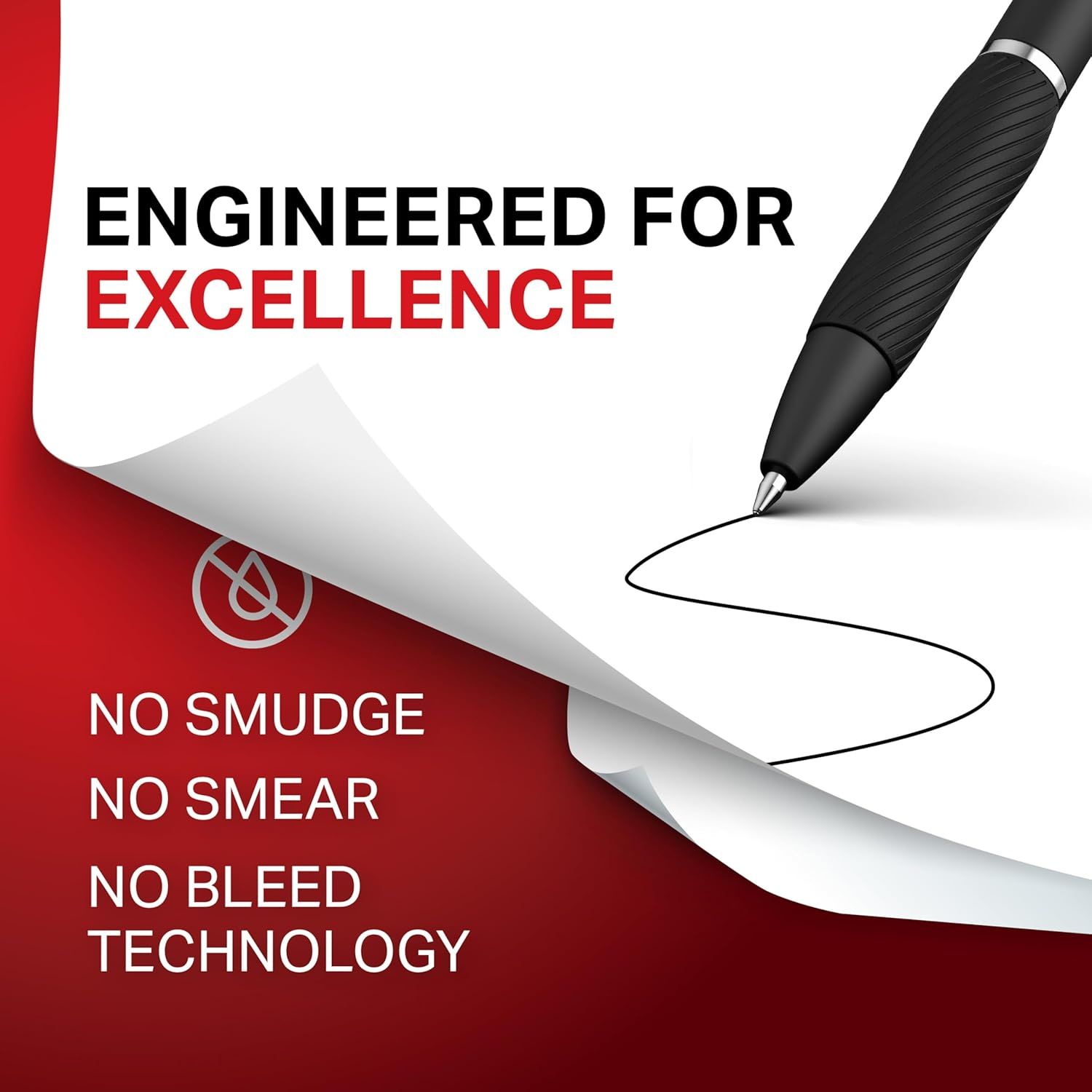 Communicates multiple distinct benefits of the pen's ink technology to reassure shoppers that the pen delivers clean, professional writing performance without…