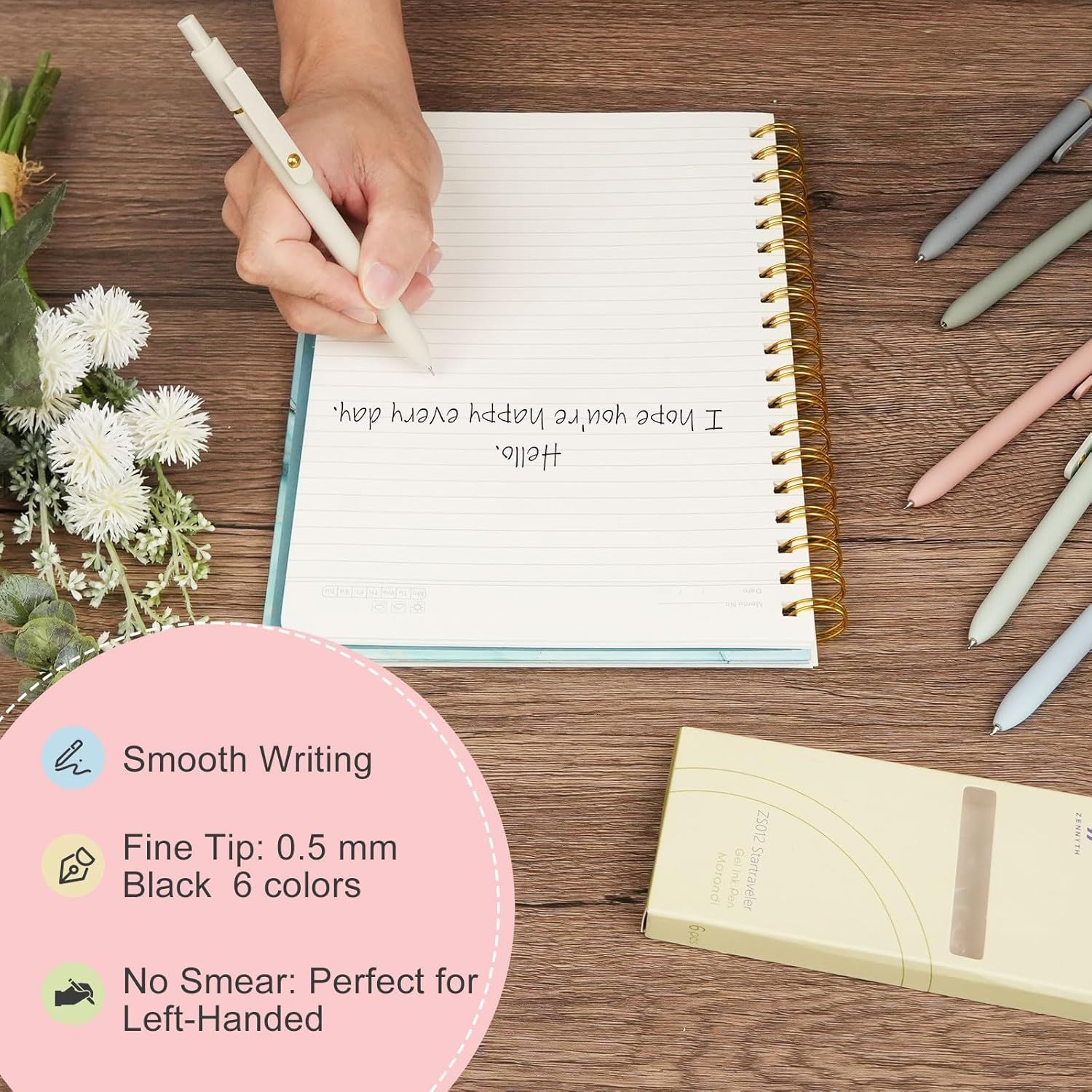 Highlights multiple distinct benefits of the pen product including smooth writing quality, precise tip size, color options, and left-handed compatibility to…