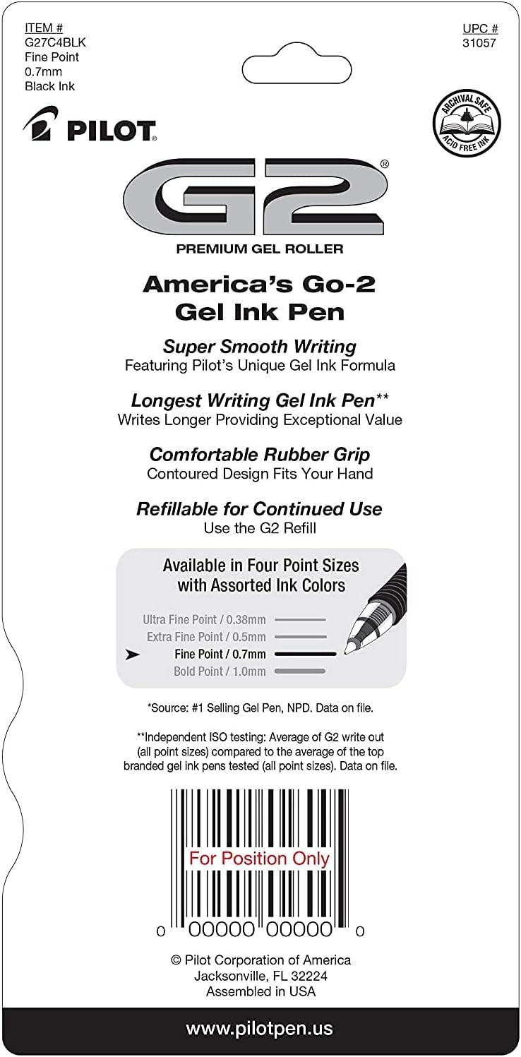 Communicates multiple distinct selling benefits of the G2 gel pen in a segmented layout, highlighting smooth writing, longevity, comfort, and refillability to…