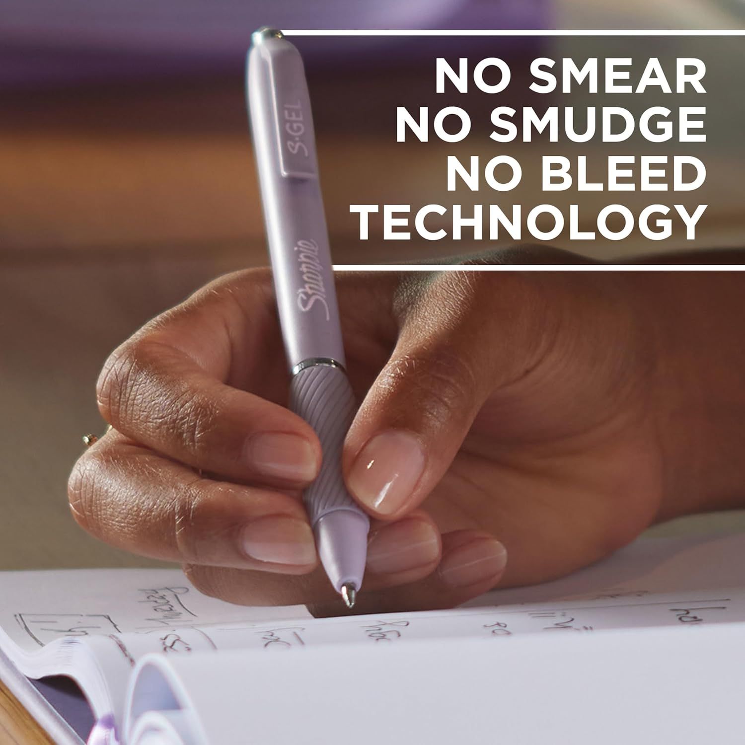 Highlights the pen's clean writing technology that prevents smearing, smudging, and bleeding, reassuring shoppers of a superior writing experience.