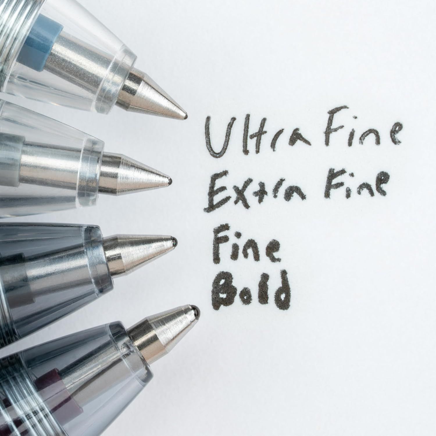 Demonstrates the product's versatility by showing four different tip sizes (Ultra Fine, Extra Fine, Fine, Bold) to help shoppers understand the range of line…