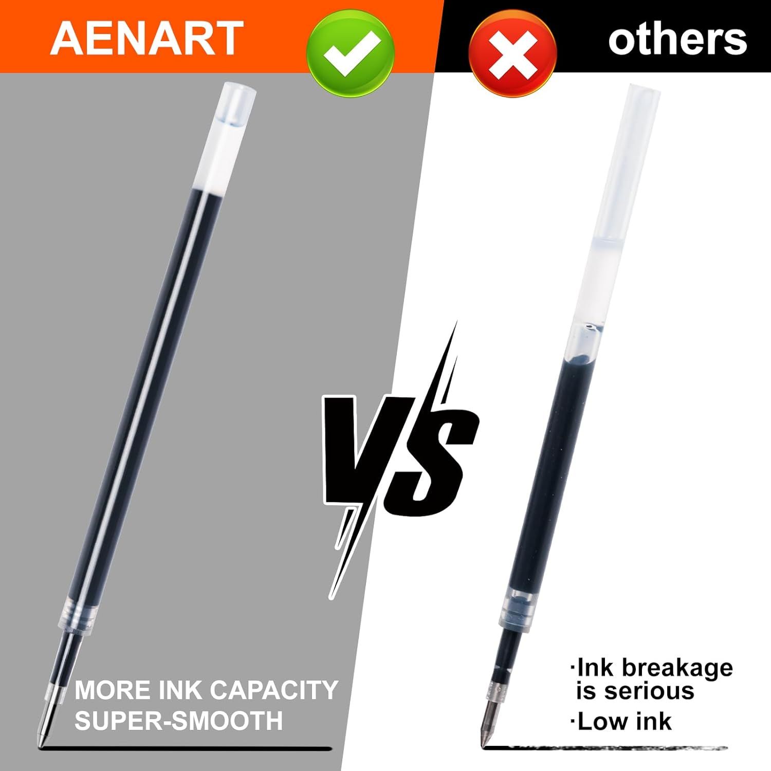 Demonstrates the superiority of the AENART pen over competing products by highlighting its greater ink capacity and smoother writing performance, while showing the competitor's ink breakage and low…