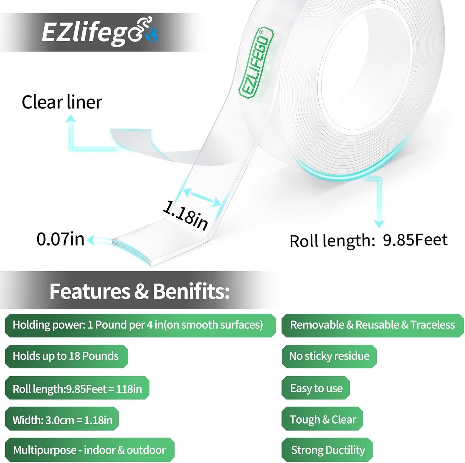 Communicates multiple distinct benefits of the adhesive tape in a segmented layout, including reusability, holding strength, versatility, and ease of use to…