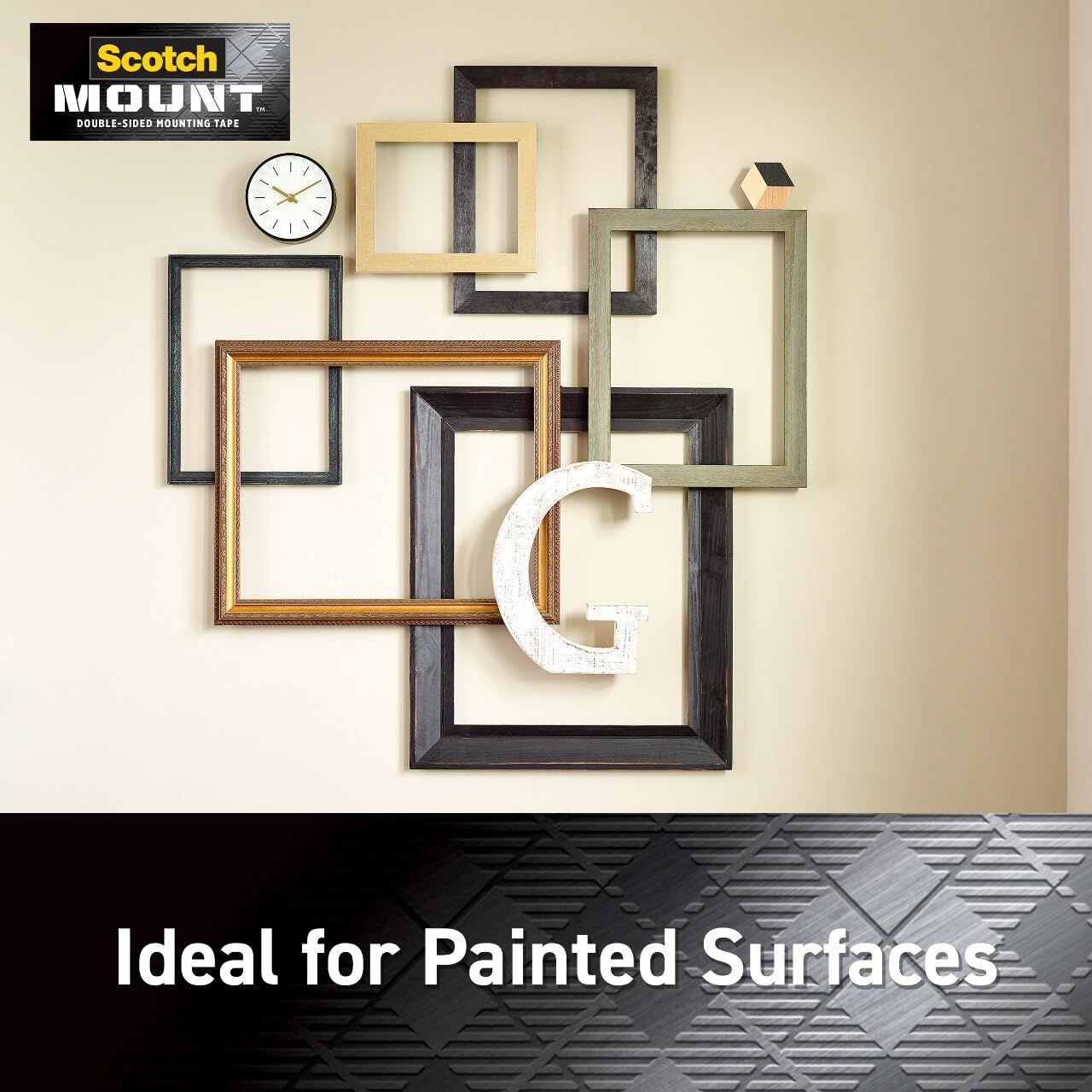 Demonstrates that Scotch Mount double-sided mounting tape is suitable for use on painted walls, reassuring shoppers that it works effectively in home décor…