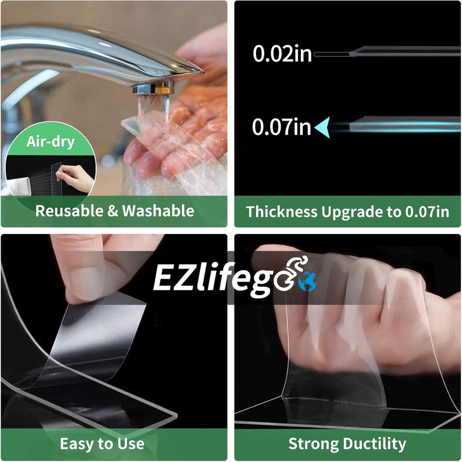 Communicates multiple product benefits in a segmented 4-panel layout, highlighting the product's washability, upgraded thickness, ease of use, and flexibility…