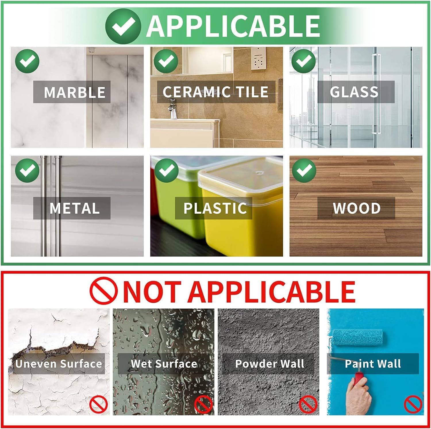 Shows shoppers which surfaces and materials the product works with (marble, ceramic tile, glass, metal, plastic, wood) and which it does not (uneven surfaces,…