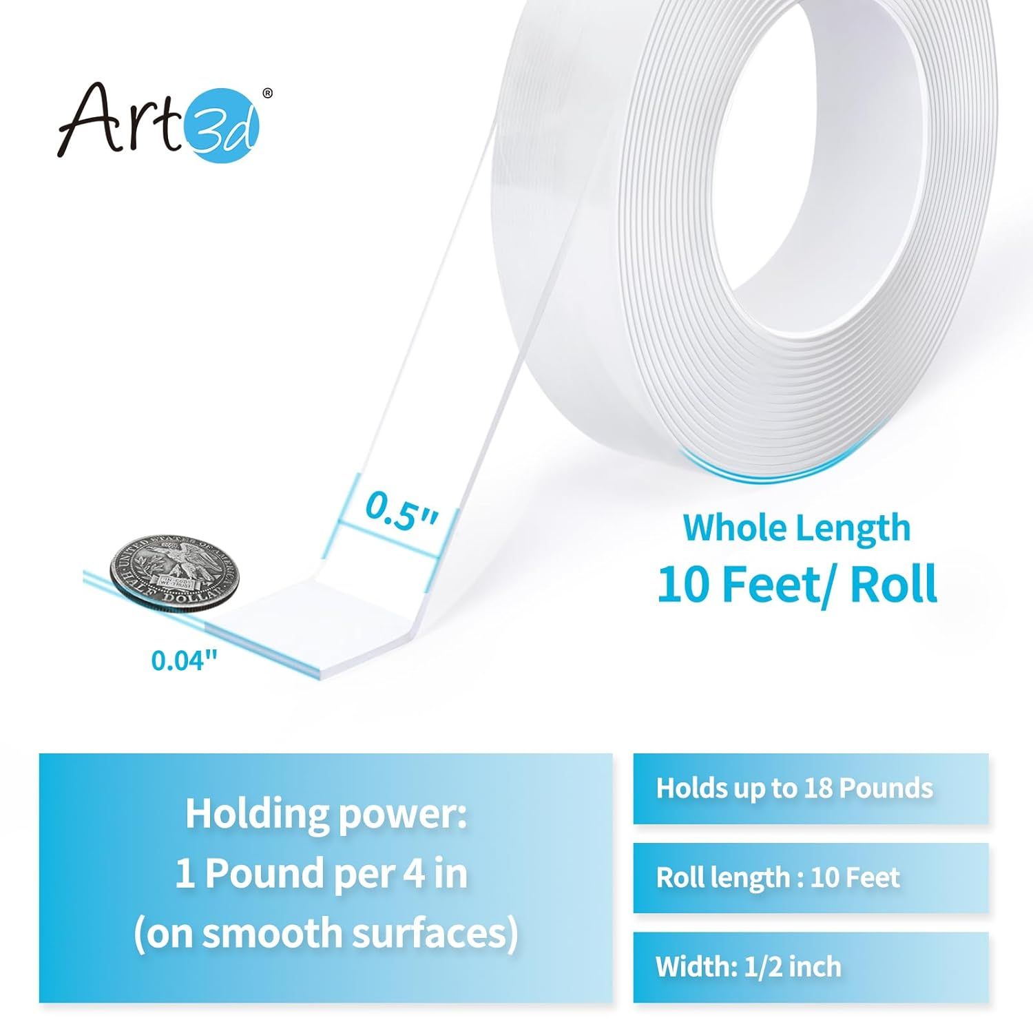 Communicates the exact physical dimensions of the tape (0.5" width, 0.04" thickness, 10 feet length) with visual measurement overlays and reference objects to help shoppers understand the product's…