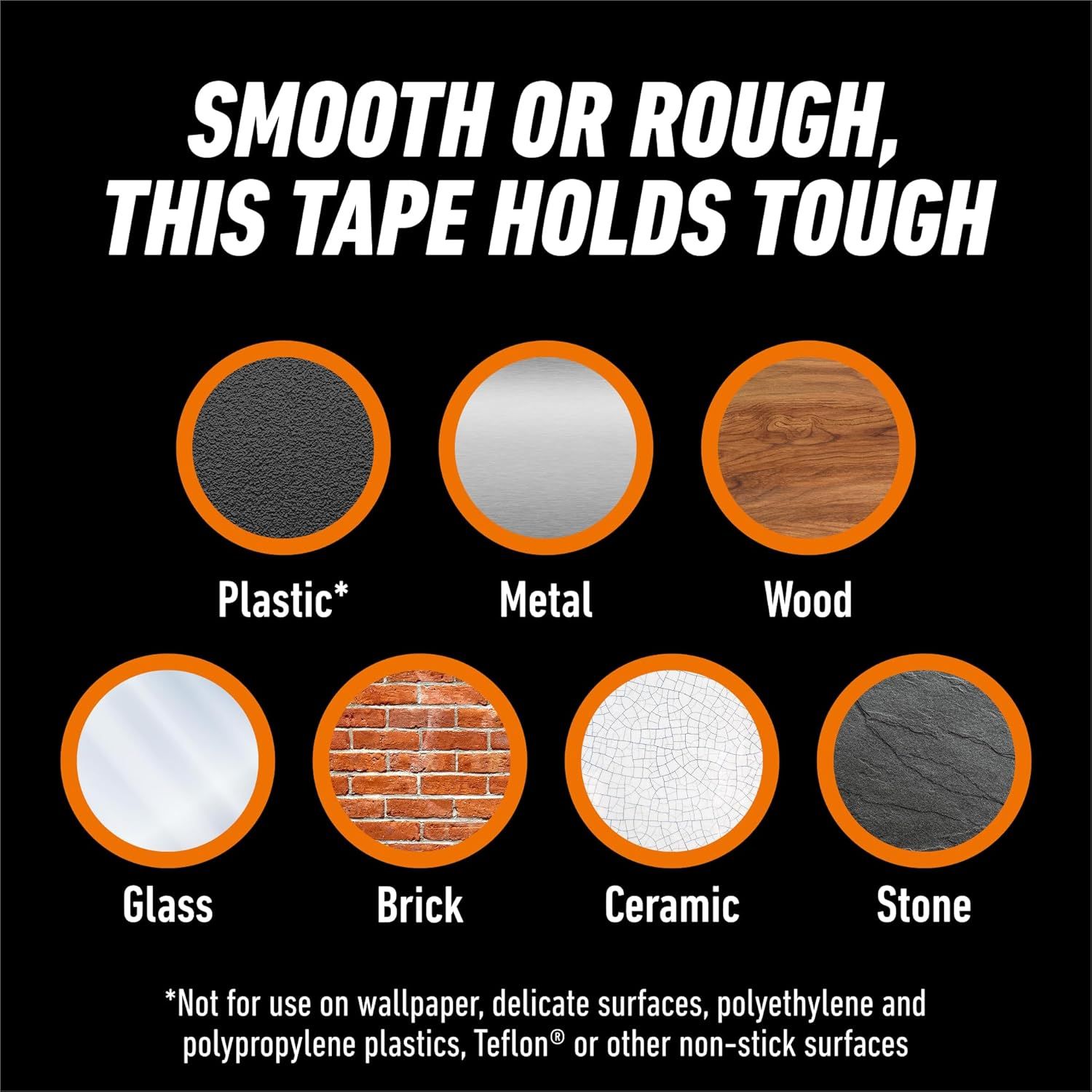 Demonstrates the tape's versatility by showing it works on multiple surface types (plastic, metal, wood, glass, brick, ceramic, stone), reassuring shoppers it…