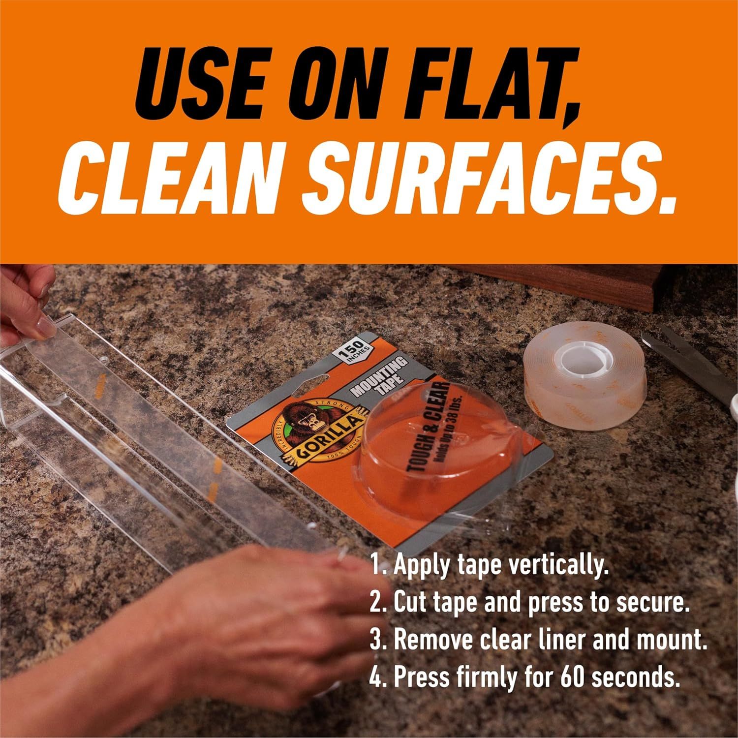 Provides step-by-step instructions on how to properly apply and mount the tape product on flat, clean surfaces, ensuring shoppers understand the correct…