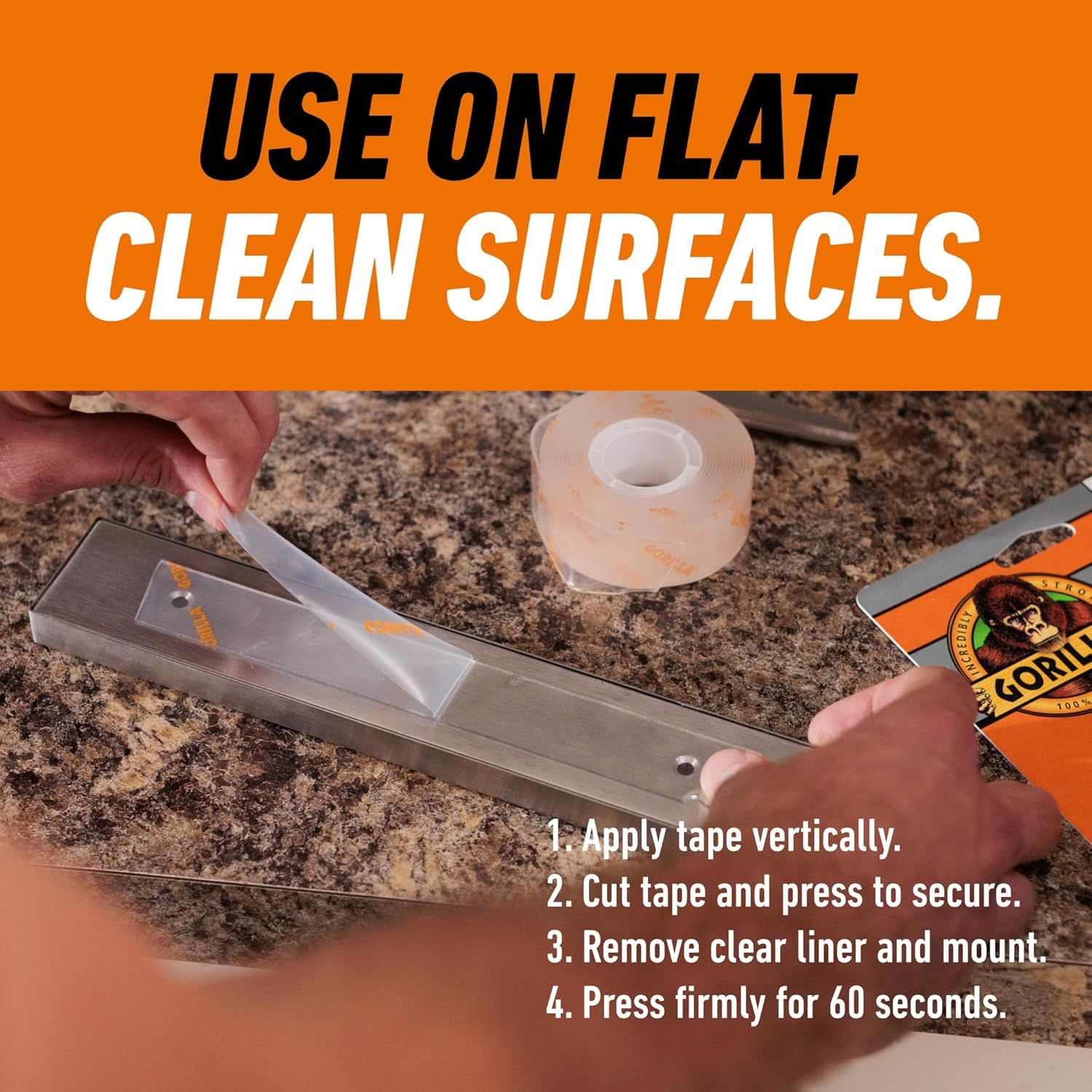 Provides step-by-step instructions on how to properly install and mount the product using tape on flat, clean surfaces, ensuring shoppers understand the…