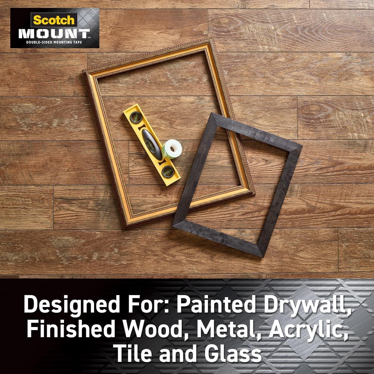 Demonstrates the versatility of the mounting tape by showing it works on multiple surface types including painted drywall, finished wood, metal, acrylic,…