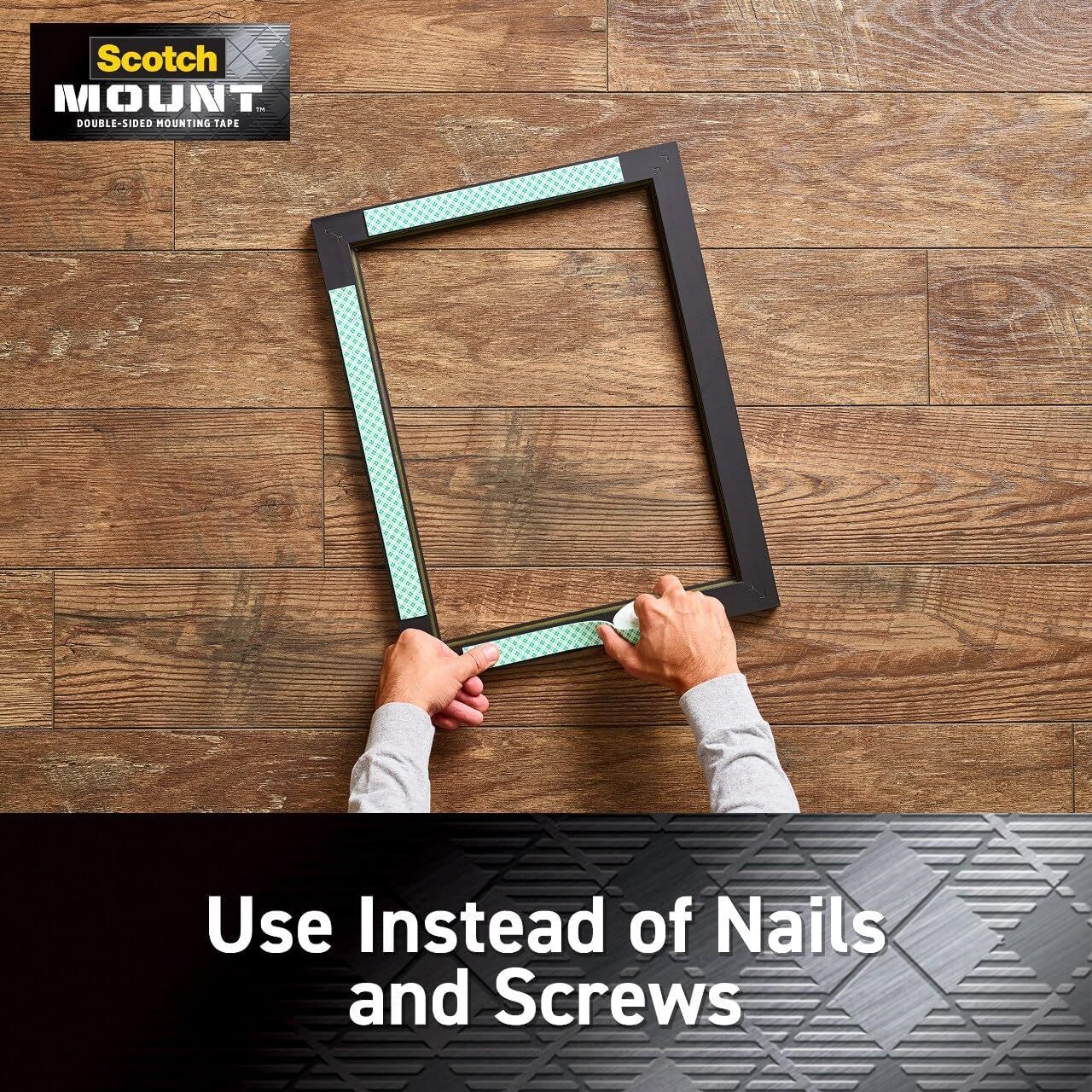 Demonstrates a practical use case for the mounting tape by showing how it can be used to hang picture frames without damaging walls with nails or screws.…