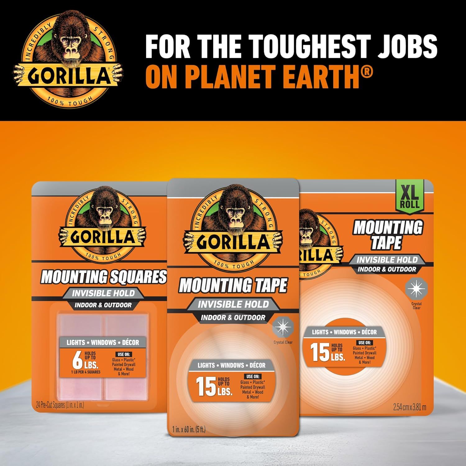 Showcases the Gorilla brand's mounting tape product line options (squares, standard tape, and XL roll) while reinforcing the brand's positioning as tough and reliable for demanding jobs.
