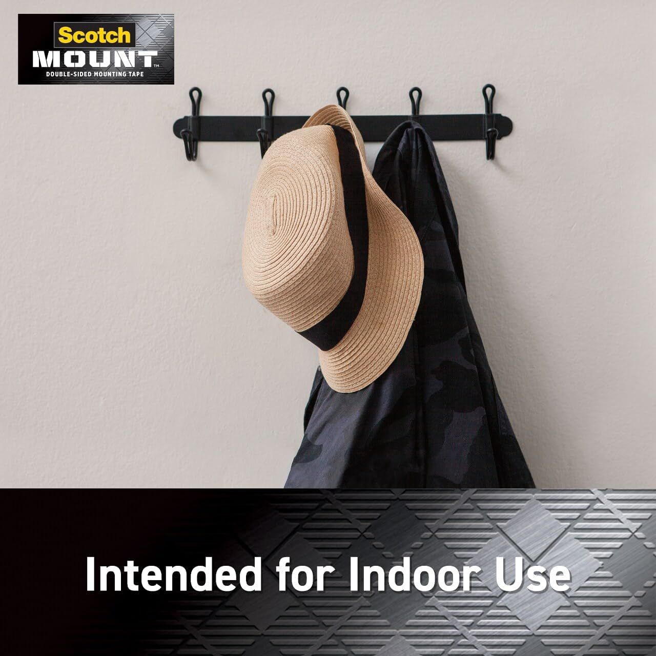 Demonstrates that the Scotch Mount double-sided mounting tape is designed for indoor applications, showing it being used to mount a coat rack on a wall.