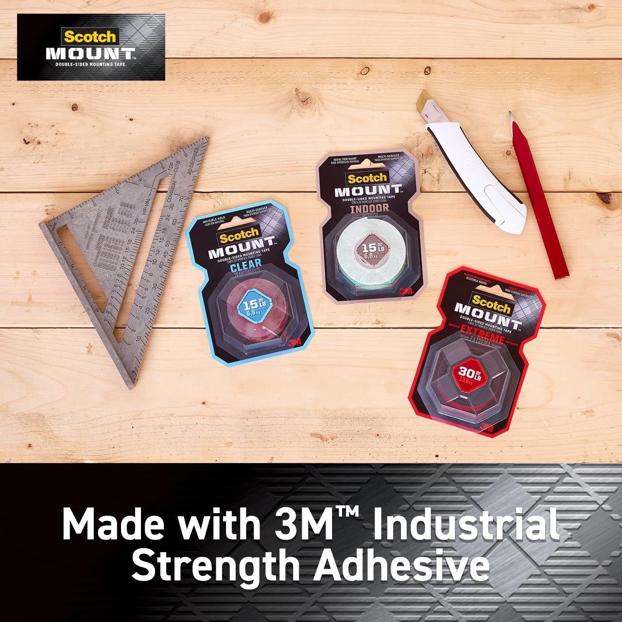 Showcases the Scotch Mount product line with three different variants (Outdoor, Indoor, Extreme) while emphasizing the brand's 3M industrial strength adhesive…