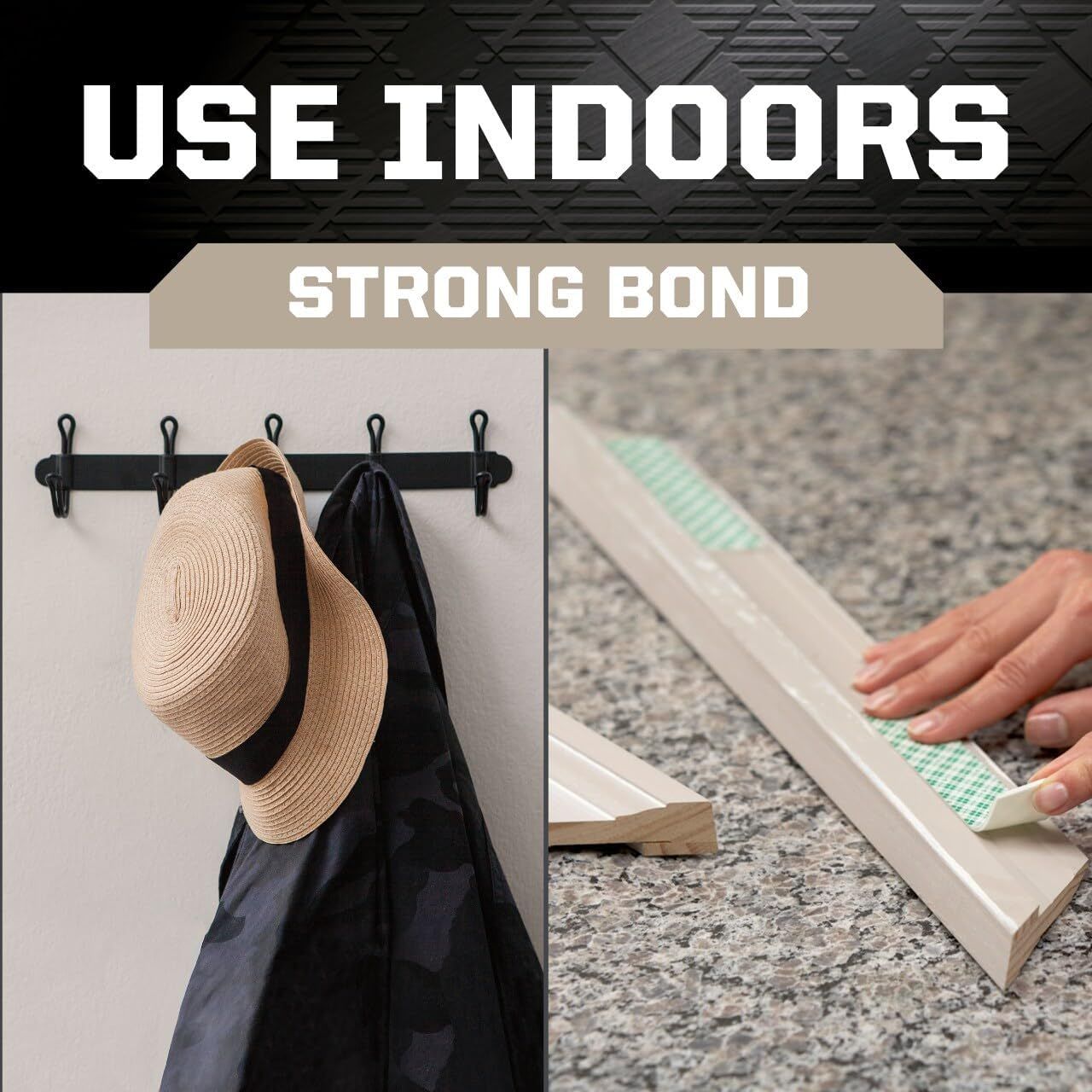 Demonstrates the product's versatility for indoor applications, showing it can be used both for wall mounting (coat hooks) and surface bonding, reassuring shoppers of its strong adhesive…