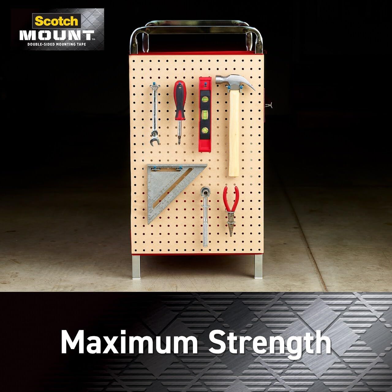 Demonstrates the product's superior holding power by showing it can securely mount heavy tools on a pegboard, reassuring shoppers that this mounting tape is…