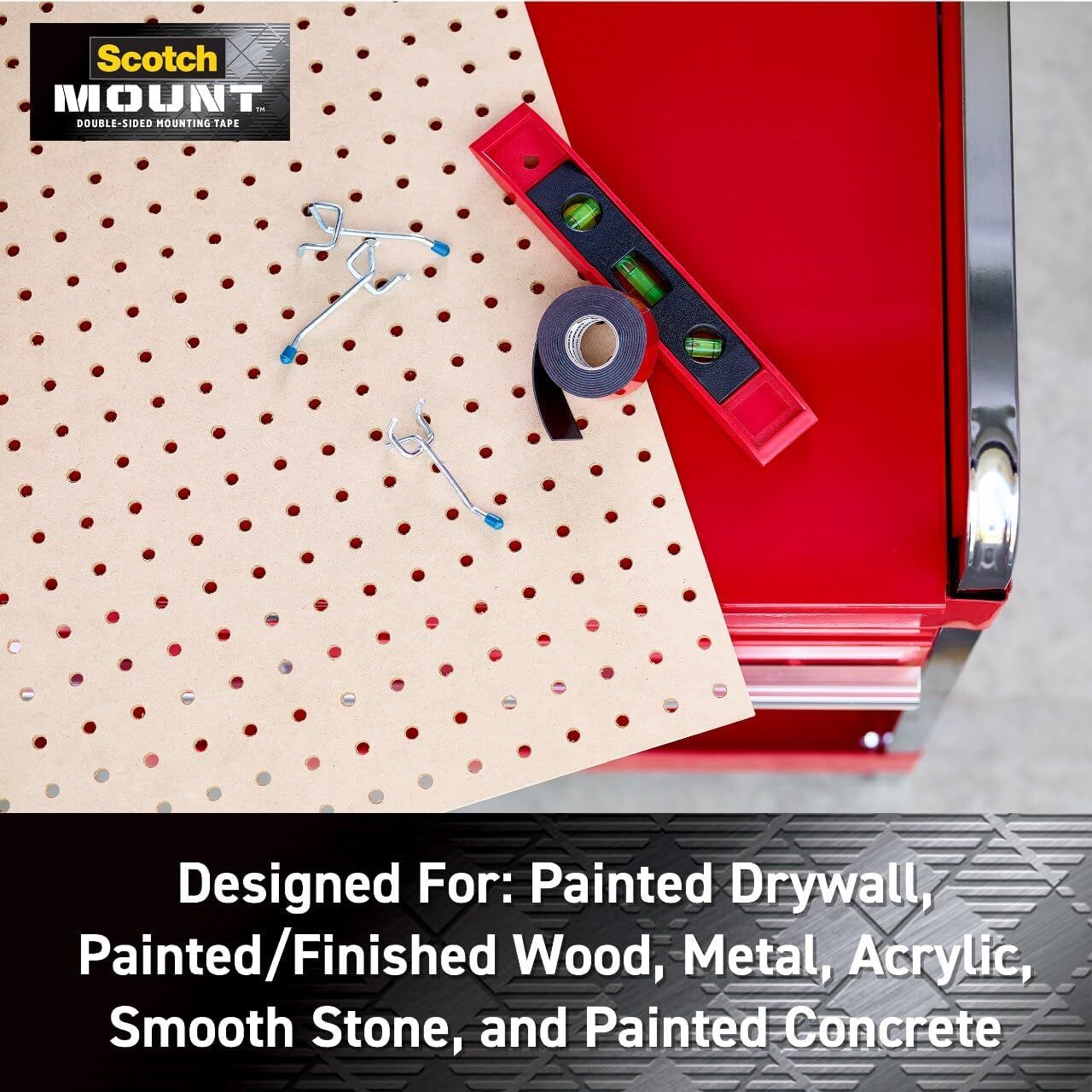 Communicates the versatility of the mounting tape by showing it works on multiple surface types including painted drywall, wood, metal, acrylic, stone, and…