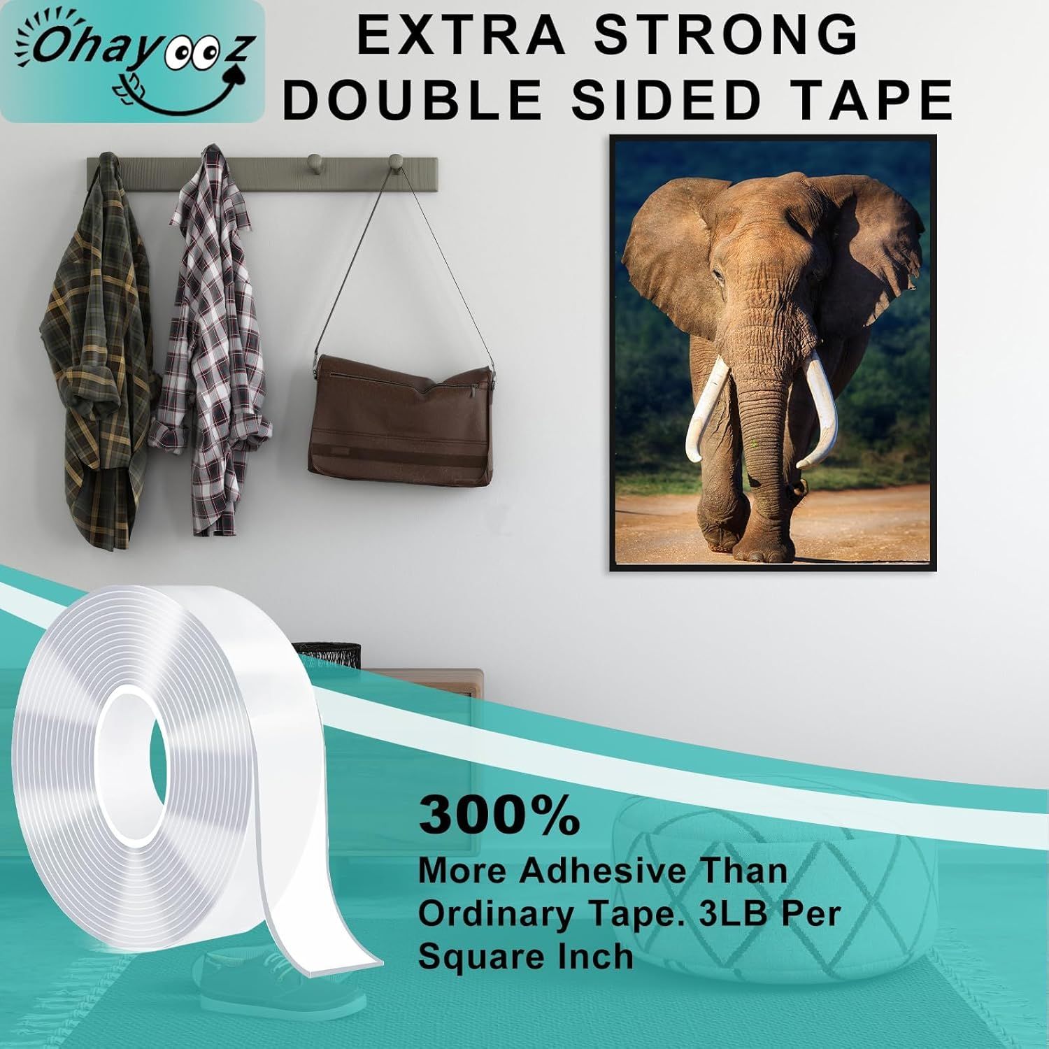 Communicates the superior adhesive strength of the double-sided tape compared to ordinary tape, emphasizing its extra-strong holding power to reassure shoppers of its performance. Demonstrates…
