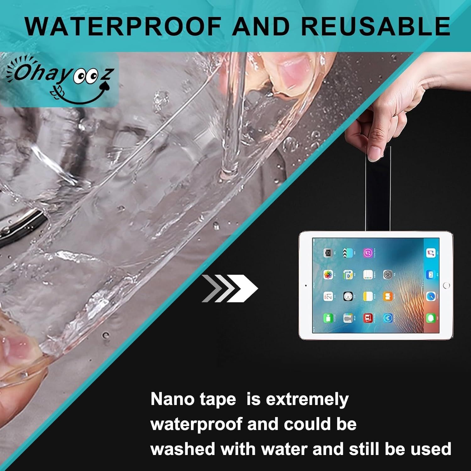 Demonstrates that the nano tape is waterproof and reusable, showing it can be washed under water and still maintain its adhesive properties to reassure…