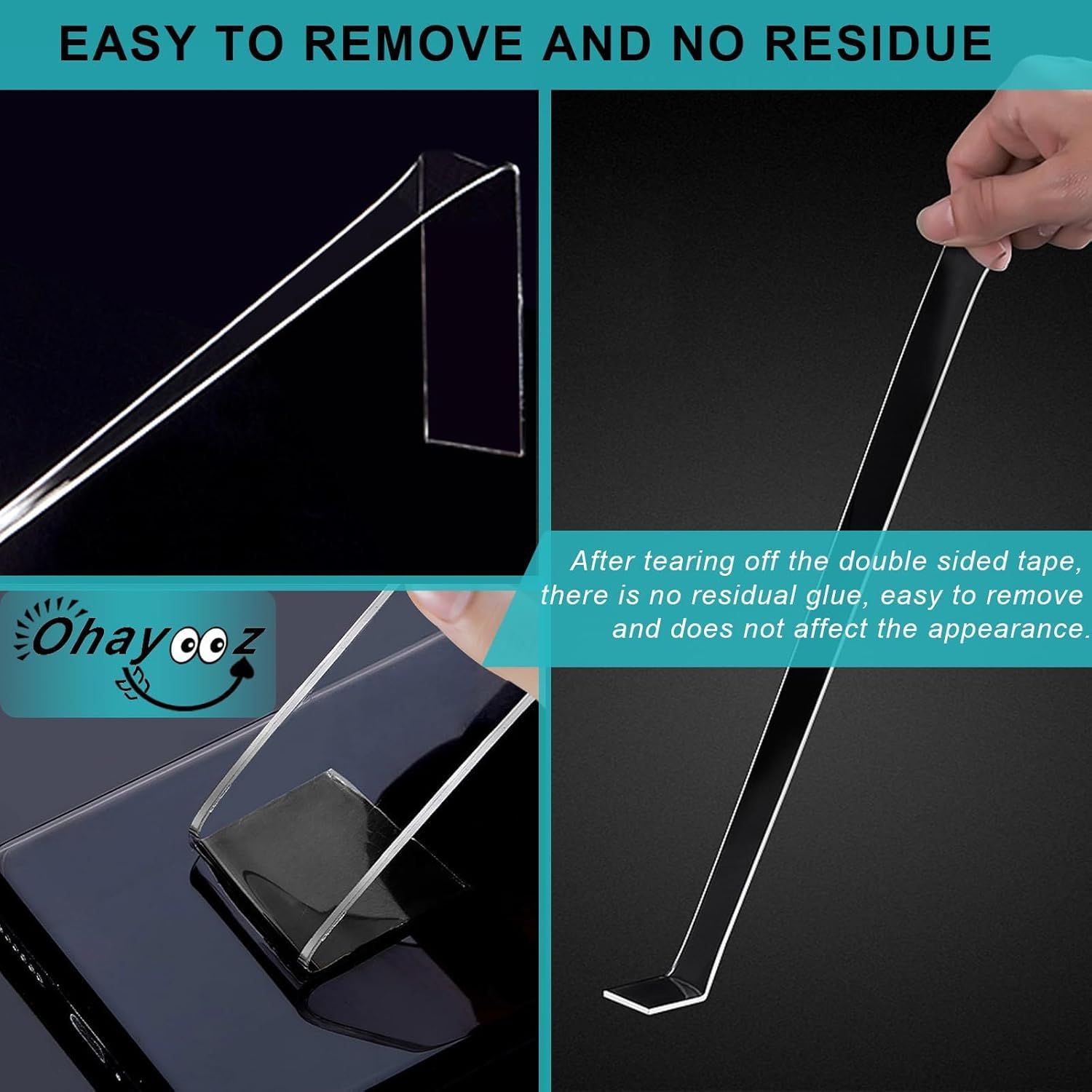 Demonstrates how to remove the protective film or tape from the product, reassuring shoppers that it peels off cleanly without leaving sticky residue or…