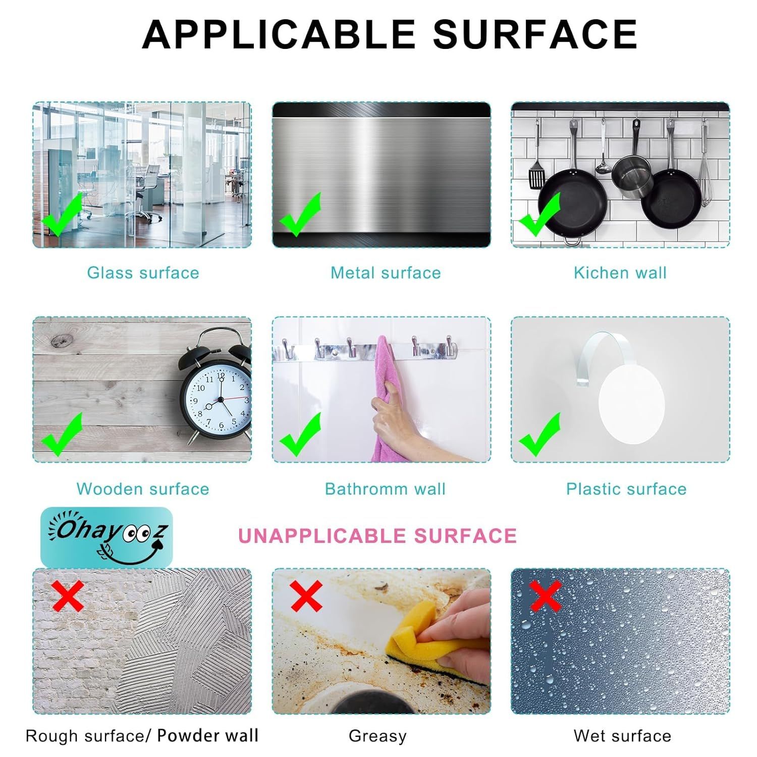 Demonstrates the multiple surfaces where the product can and cannot be applied, helping shoppers understand where the product will work effectively in their…