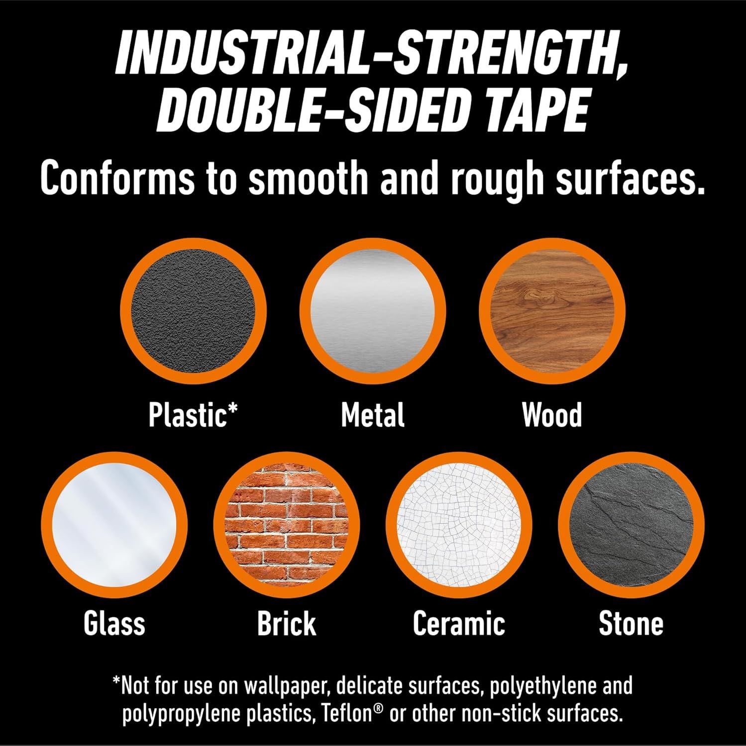 Demonstrates the tape's versatility by showing it works on multiple surface types (plastic, metal, wood, glass, brick, ceramic, stone), reassuring shoppers it…