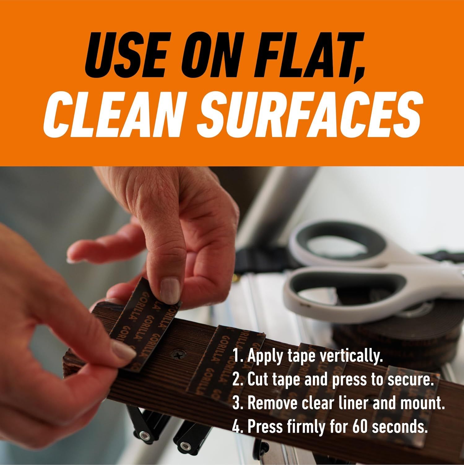 Provides step-by-step instructions on how to properly apply and install the tape product on flat, clean surfaces, ensuring shoppers understand the correct…