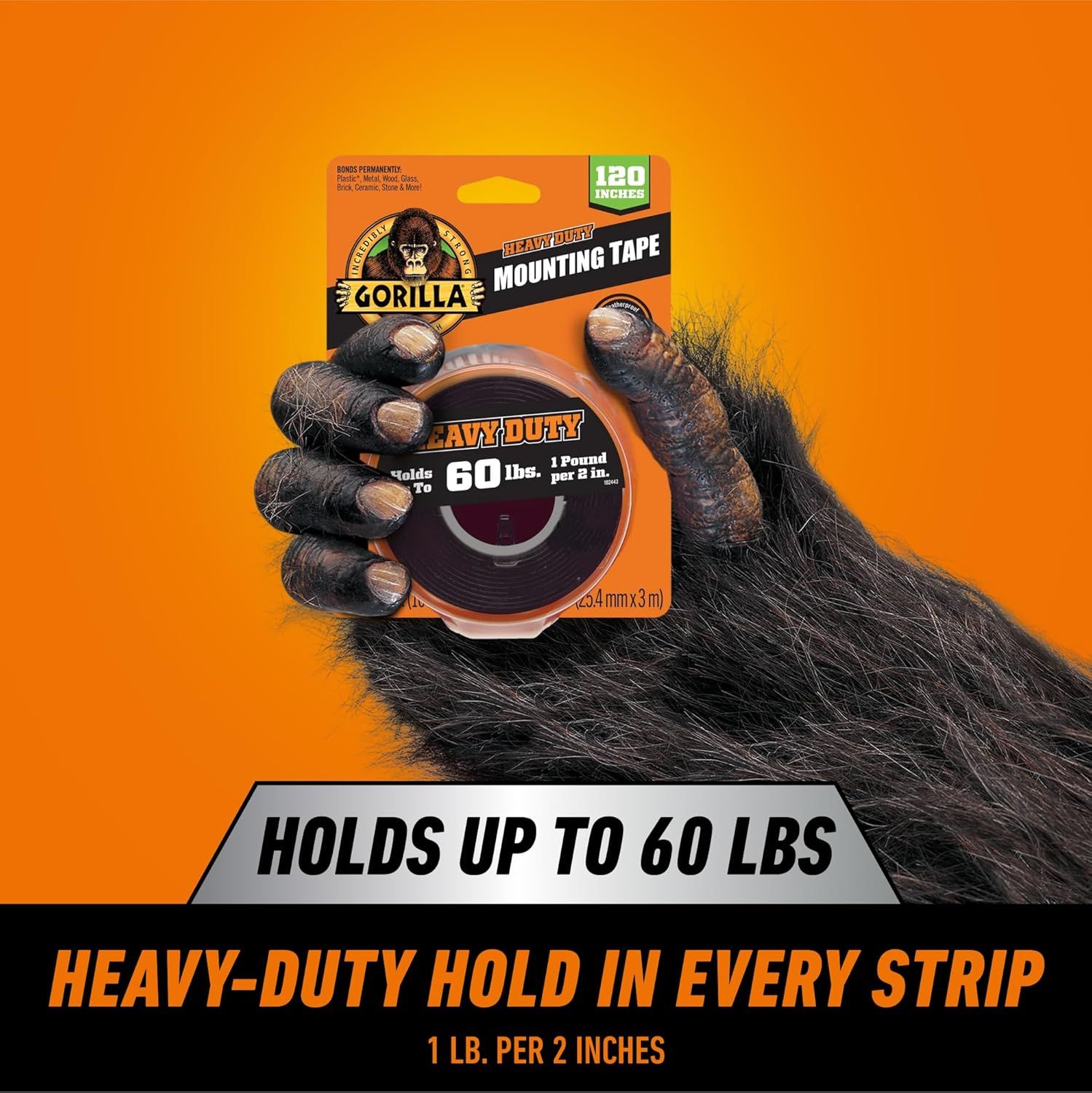 Communicates the product's impressive holding strength of 60 lbs to reassure shoppers that this mounting tape can handle heavy-duty applications. Reinforces the core benefit of heavy-duty holding…